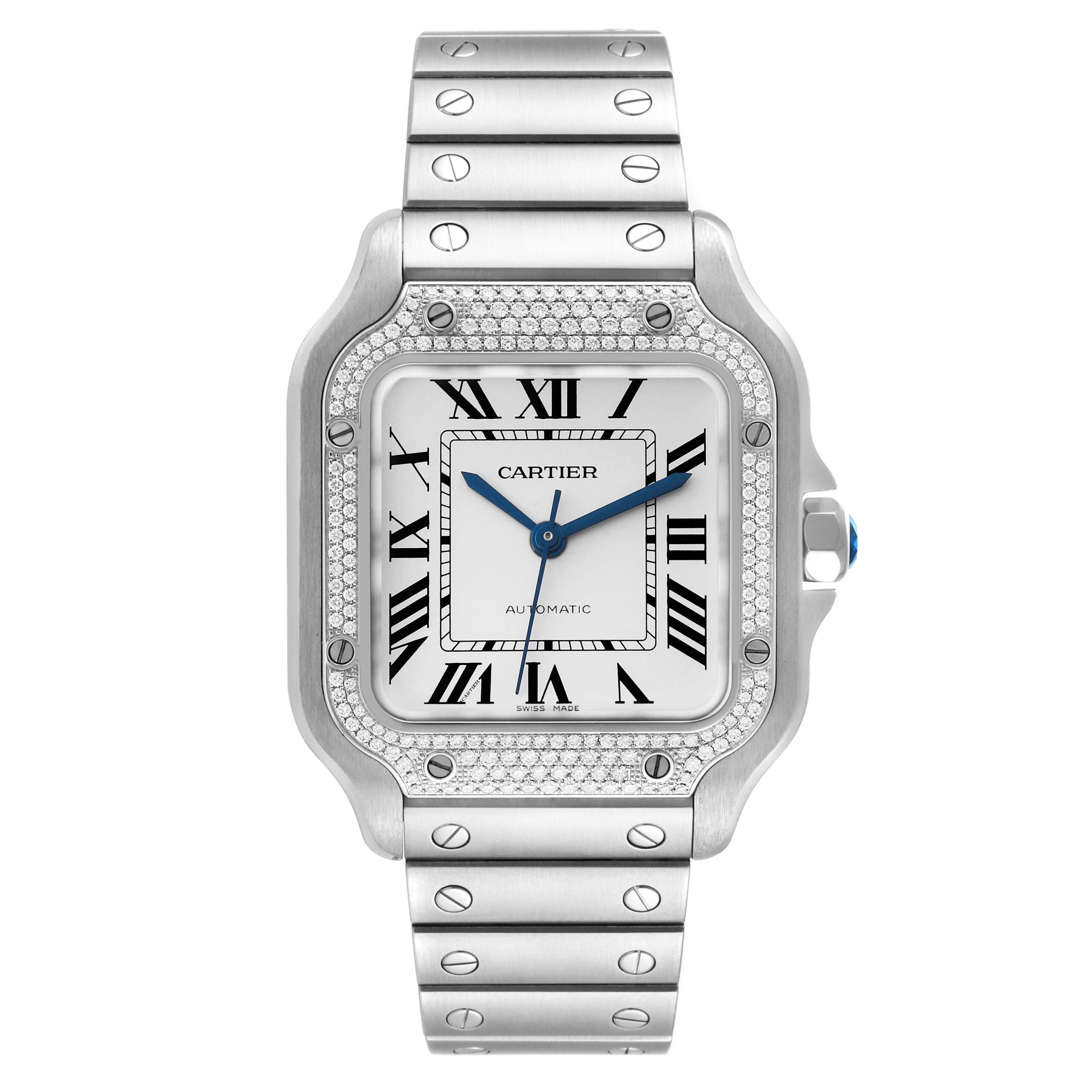 Cartier Santos Silver Dial Medium Steel Diamond Mens Watch W4SA0005