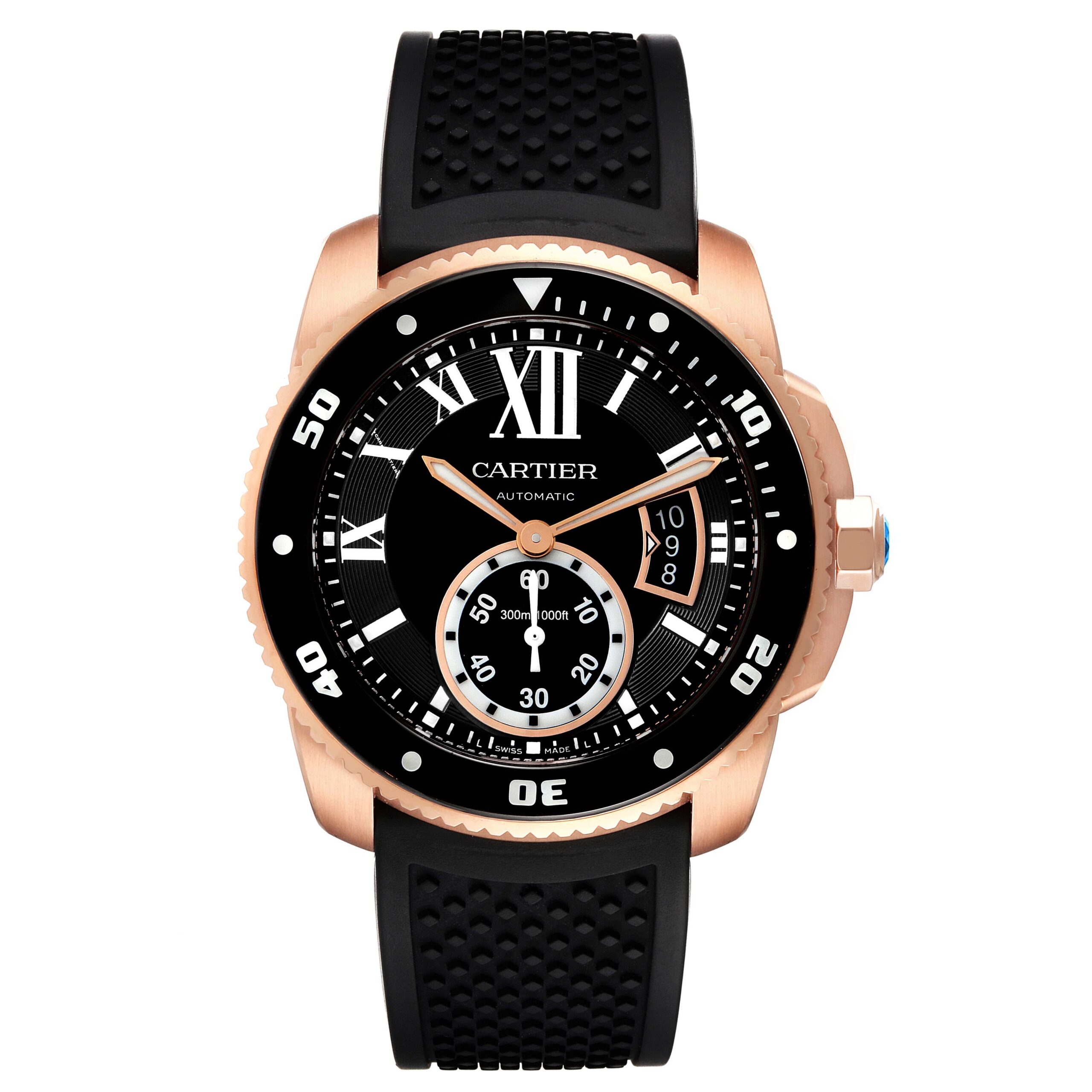 Cartier Calibre Rose Gold Black Dial Rubber Strap Mens Watch W7100052 Box Papers