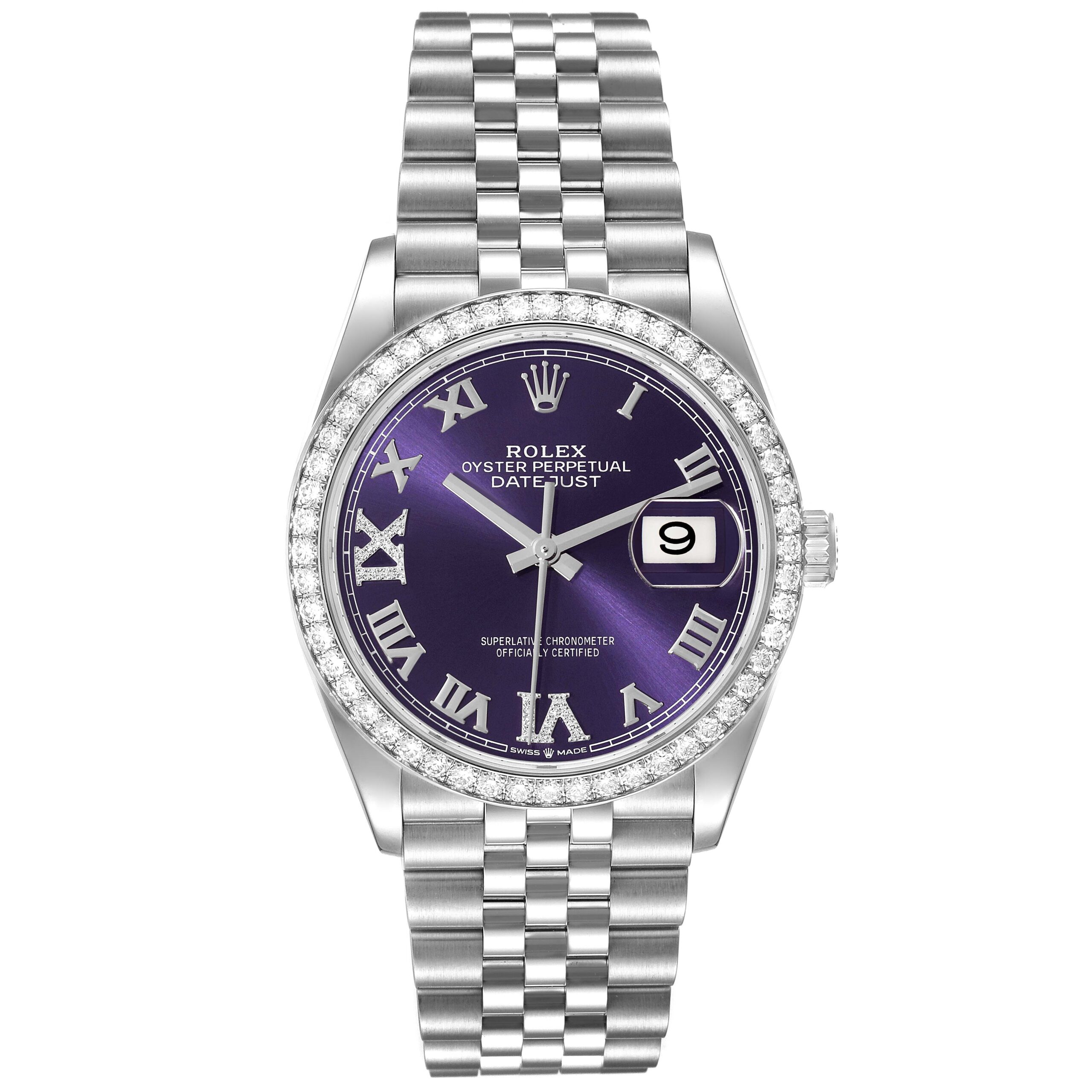 Rolex Datejust Steel Purple Diamond Dial Bezel Mens Watch 126284 Unworn