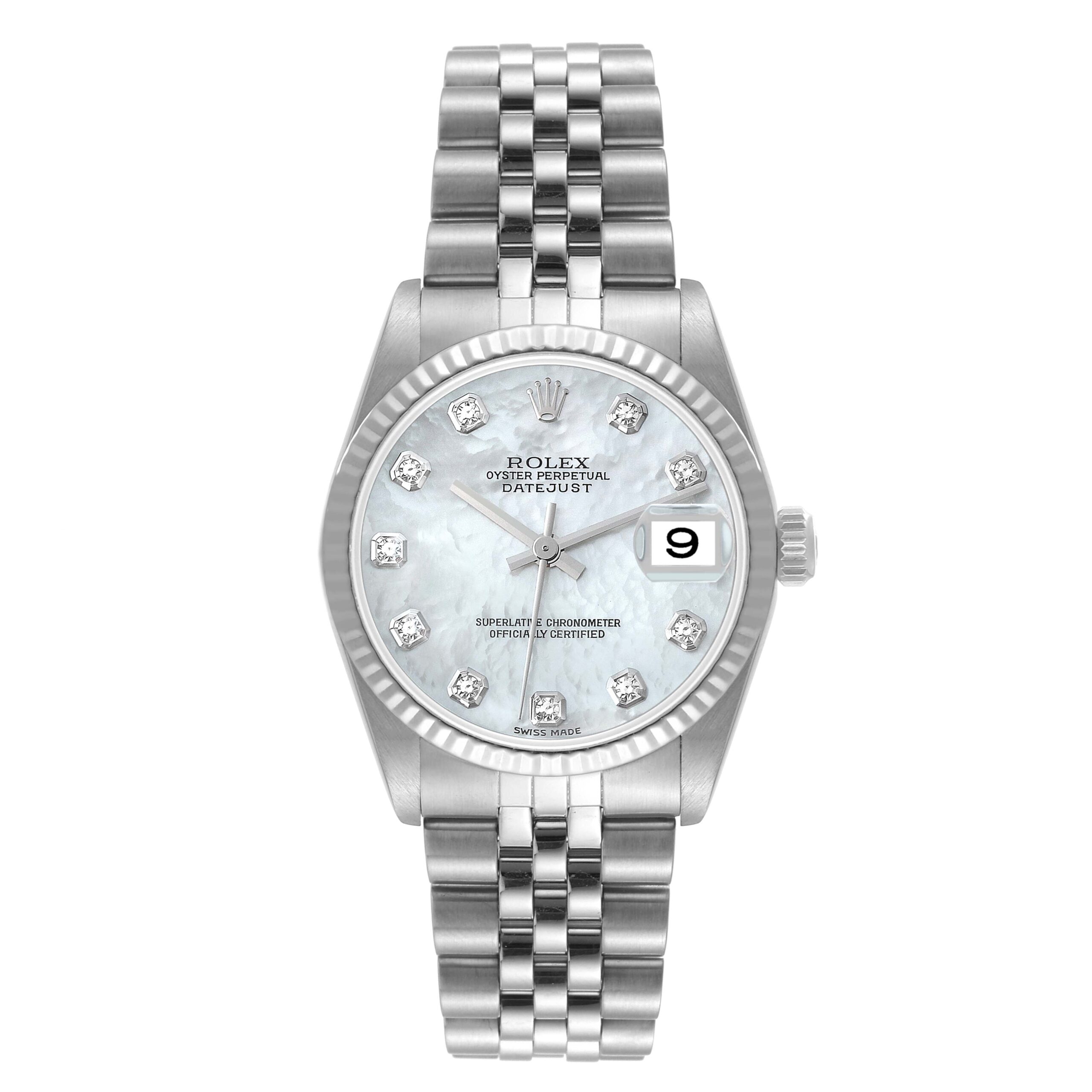 Rolex Datejust Midsize White Gold MOP Diamond Dial Ladies Watch 78274 Box Papers