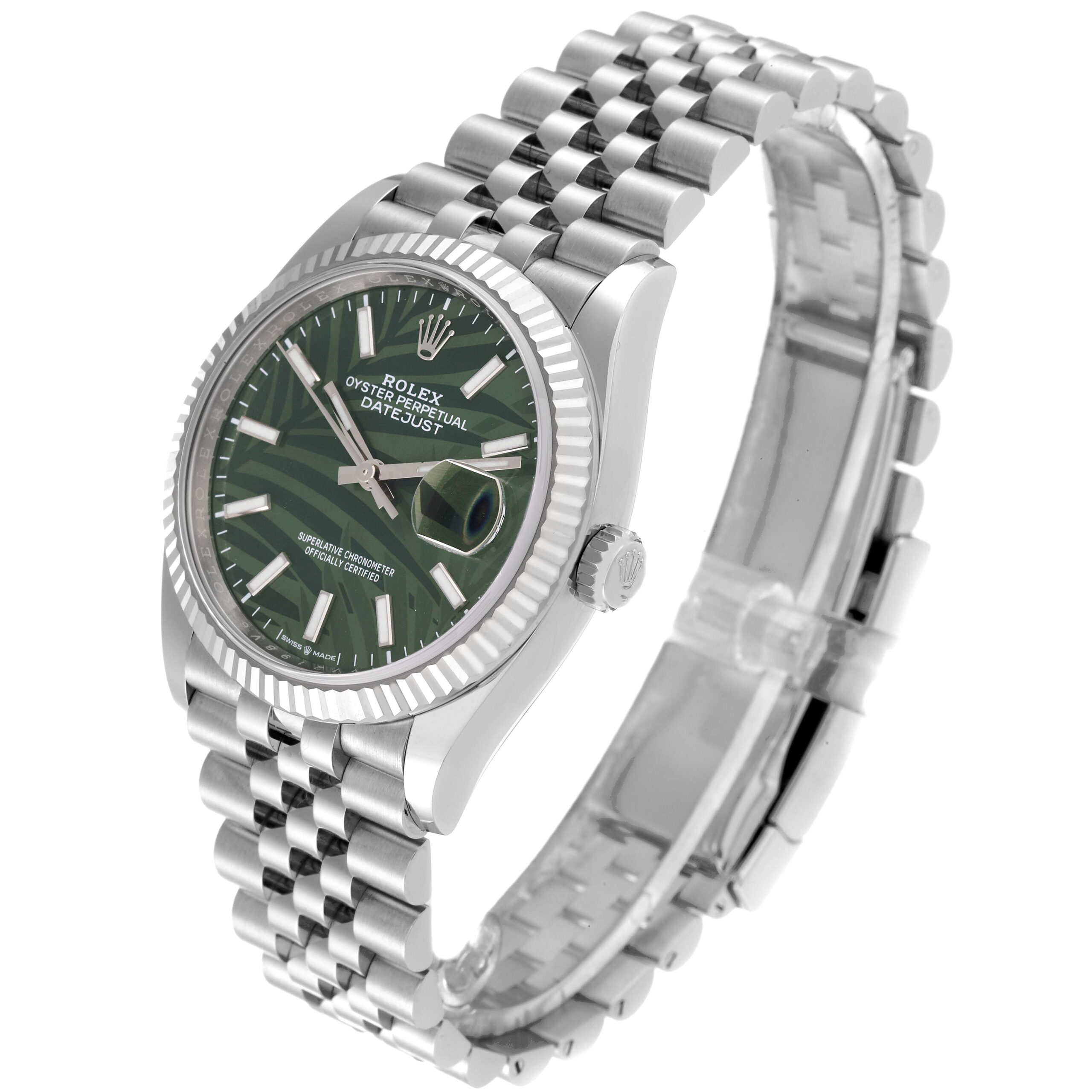 Rolex Datejust Steel White Gold Olive Green Palm Dial Mens Watch 126234 Box Card