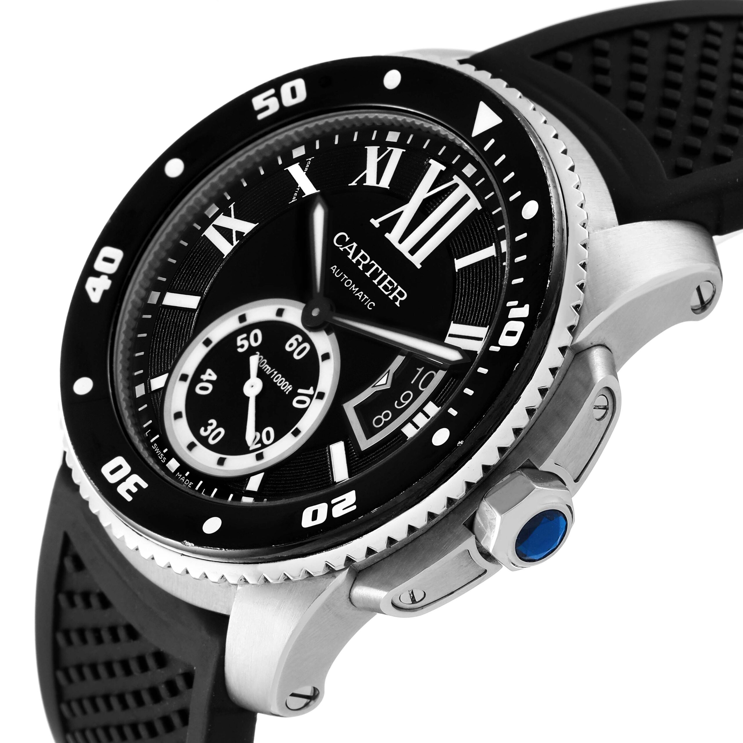 Cartier Calibre Diver Black Dial Rubber Strap Steel Mens Watch W7100056 Papers