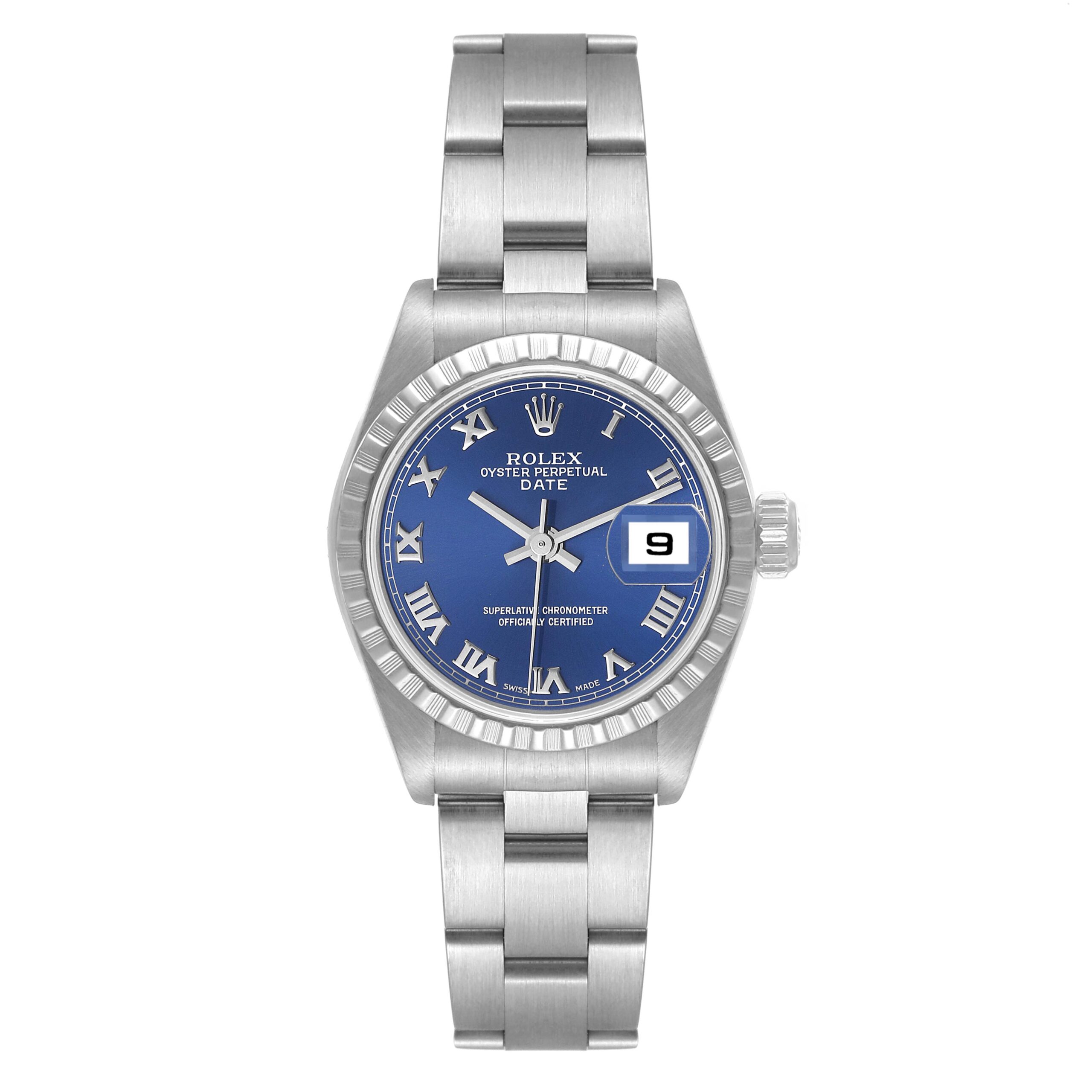 Rolex Date Blue Dial Engine Turned Bezel Steel Ladies Watch 79240