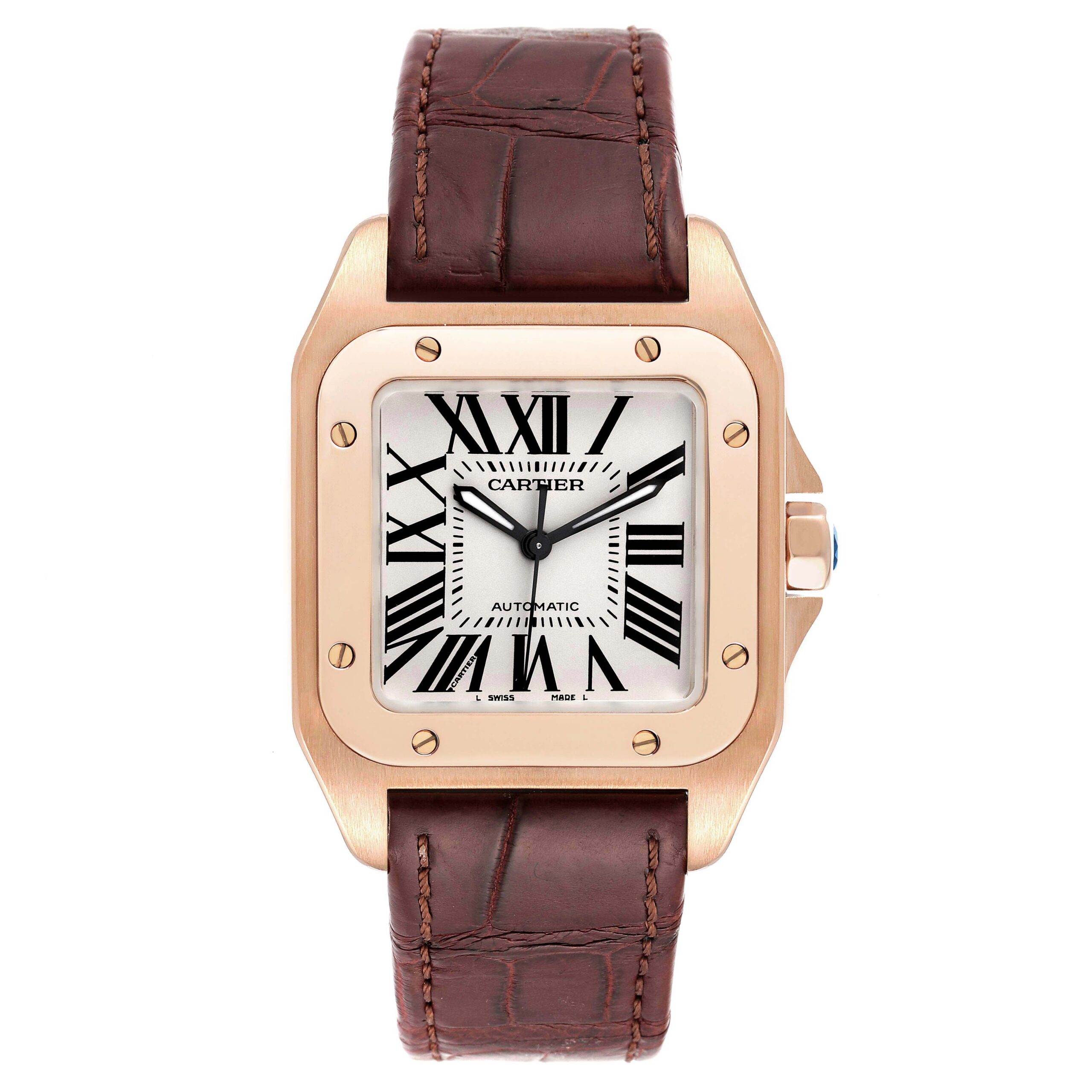 Cartier Santos 100 Midsize Rose Gold Silver Dial Mens Watch W20108Y1