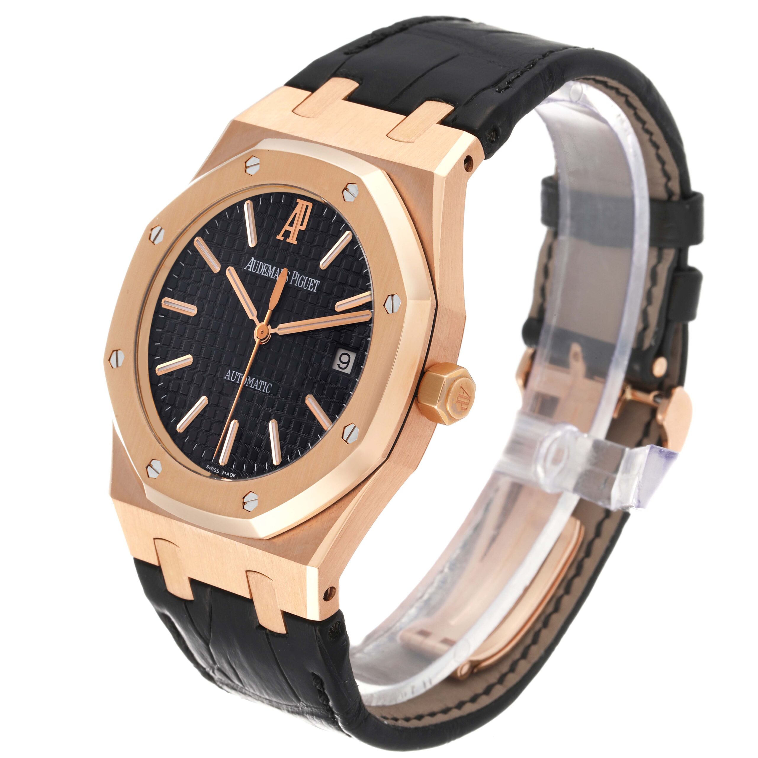 Audemars Piguet Royal Oak 18k Rose Gold Black Dial Watch 15300OR Box Papers