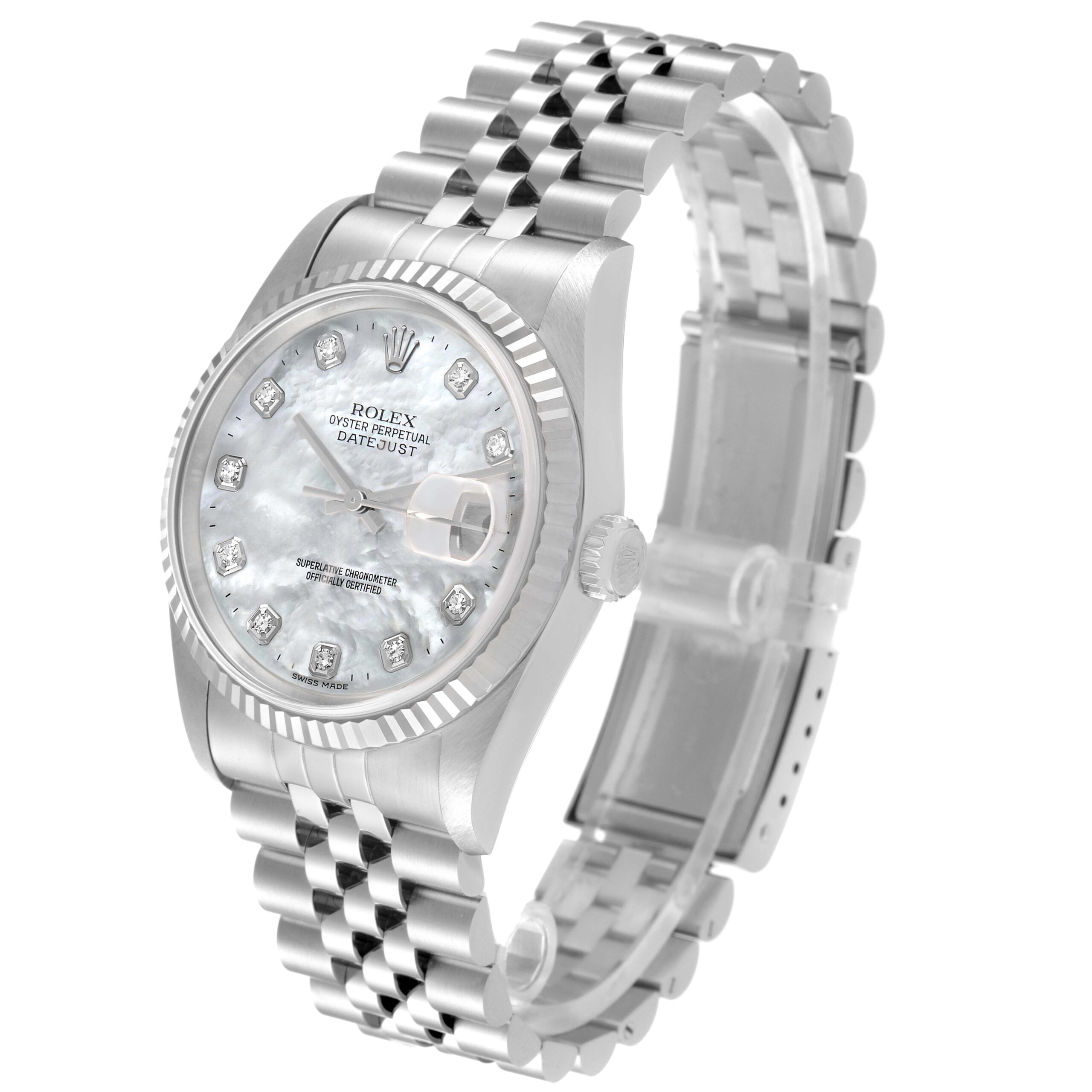 Rolex Datejust Steel White Gold Mother of Pearl Diamond Mens Watch 16234