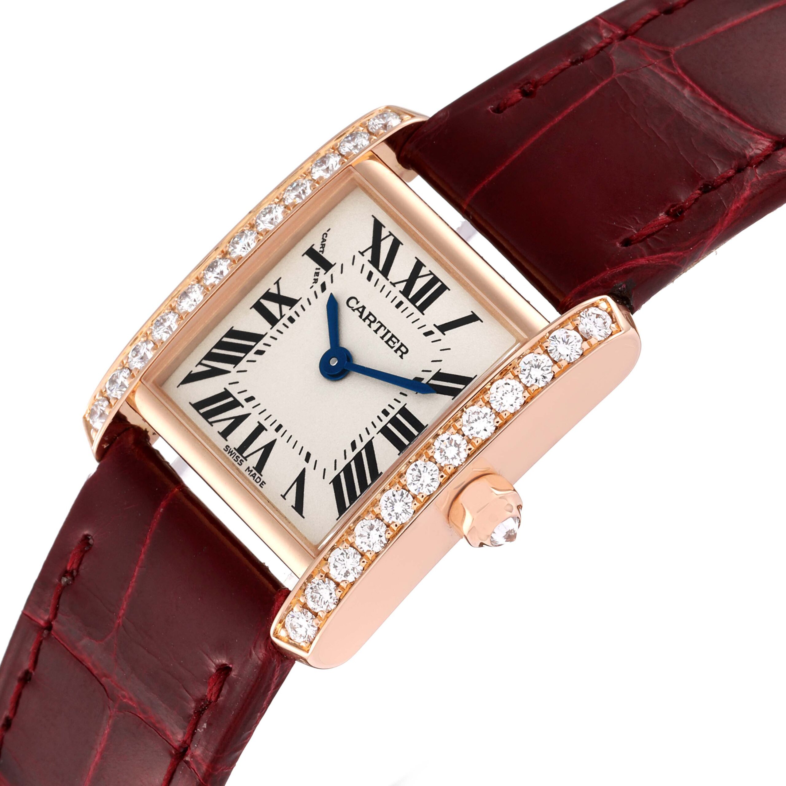 Cartier Tank Francaise Rose Gold Diamond Burgundy Strap Ladies Watch WE104531