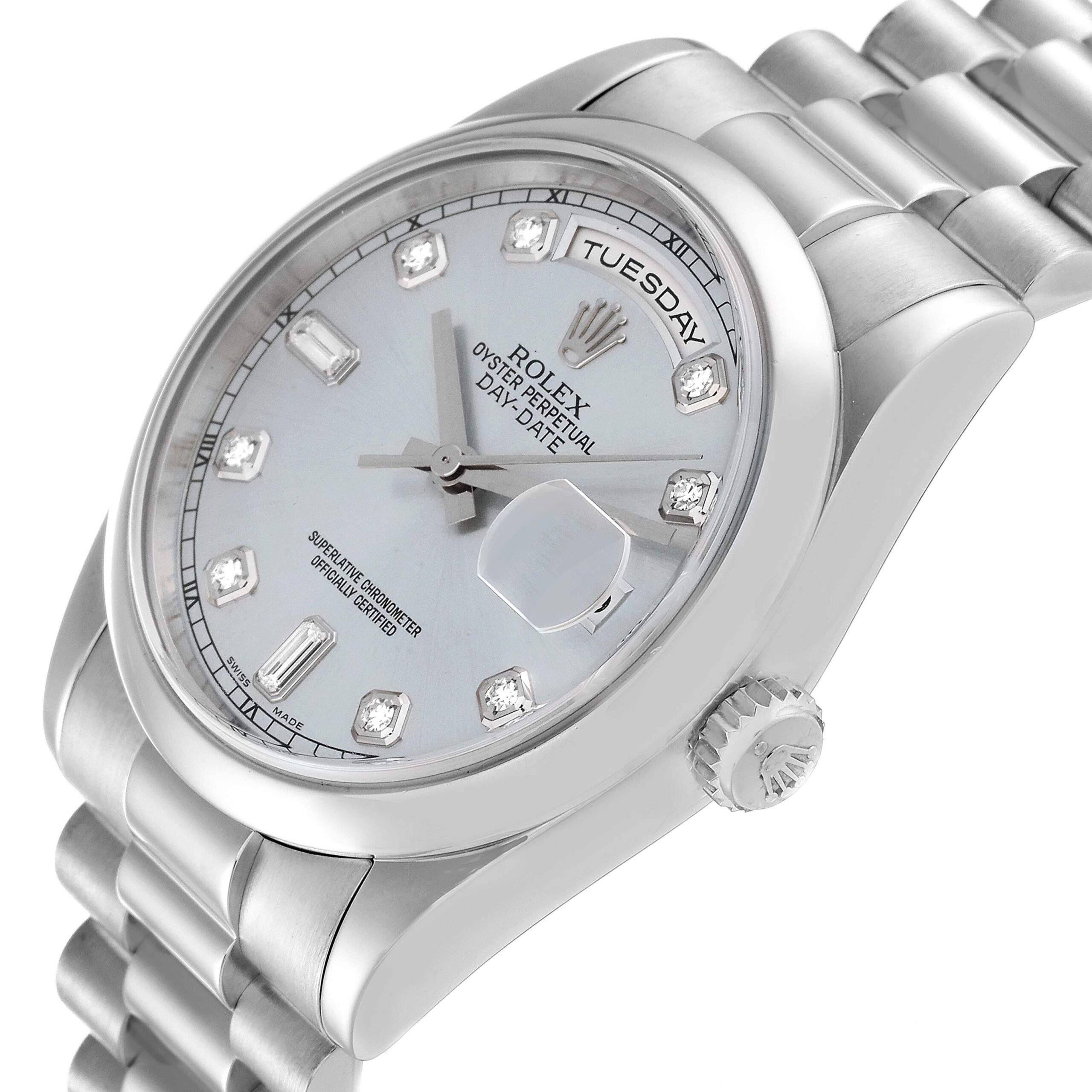 Rolex Day-Date President Platinum Ice Blue Diamond Dial Mens Watch 118206
