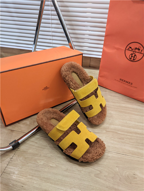 hermes lamb wool flat slippers