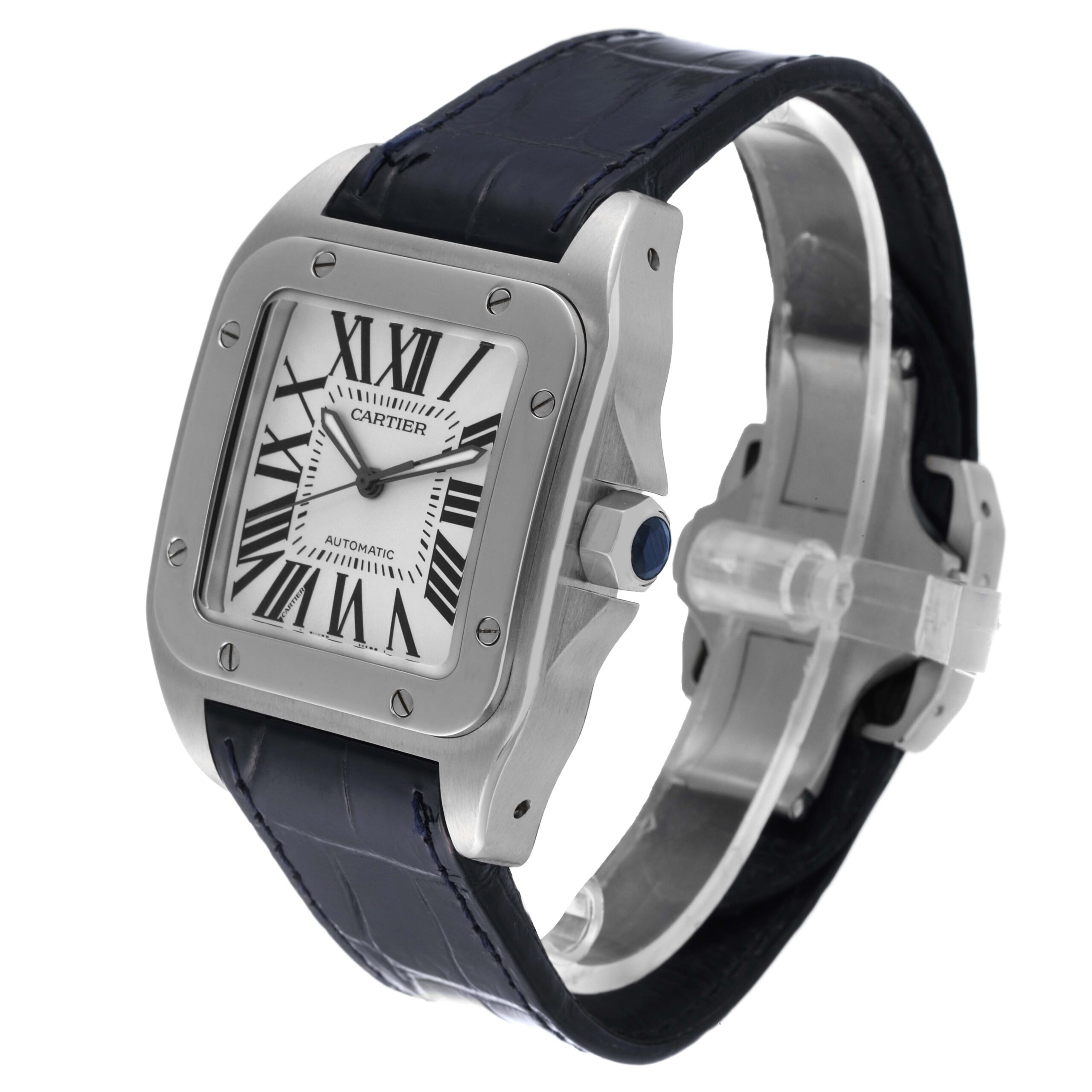 Cartier Santos 100 Silver Dial Black Strap Steel Mens Watch W20073X8