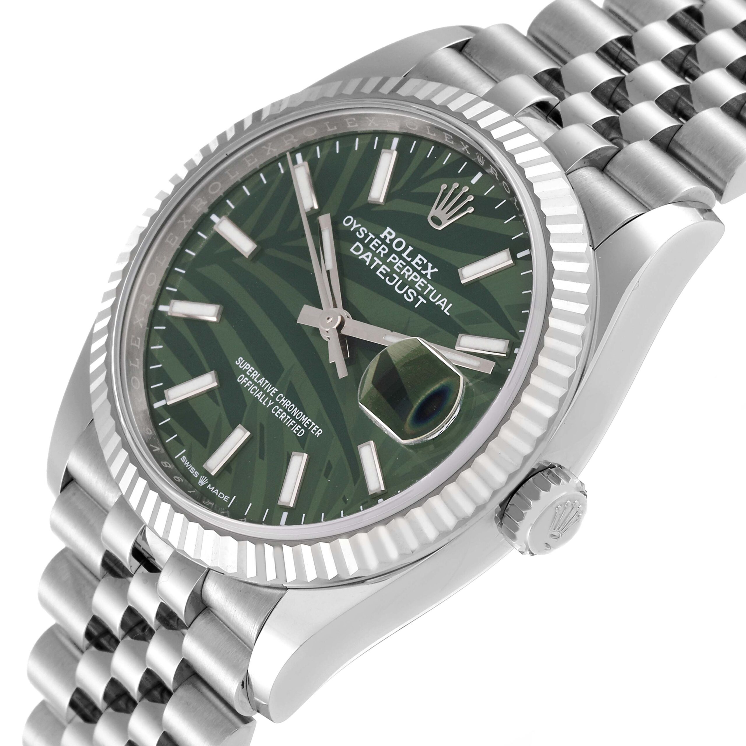 Rolex Datejust Steel White Gold Olive Green Palm Dial Mens Watch 126234 Box Card