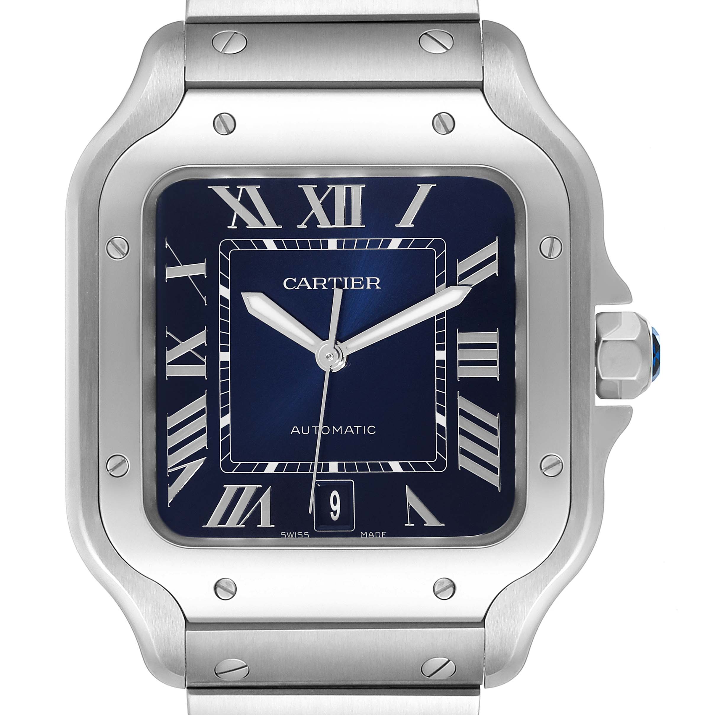 Cartier Santos Stainless Steel Blue Dial Mens Watch WSSA0030 Unworn