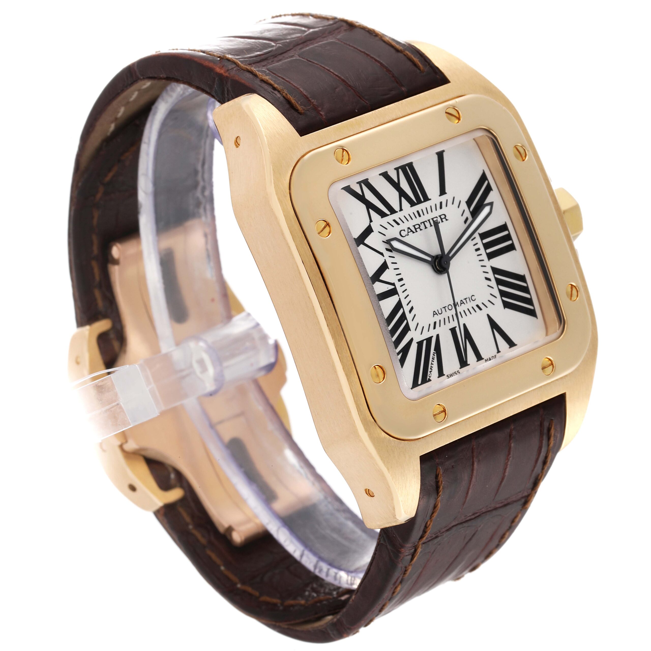 Cartier Santos 100 XL 18K Yellow Gold Brown Strap Mens Watch W20071Y1