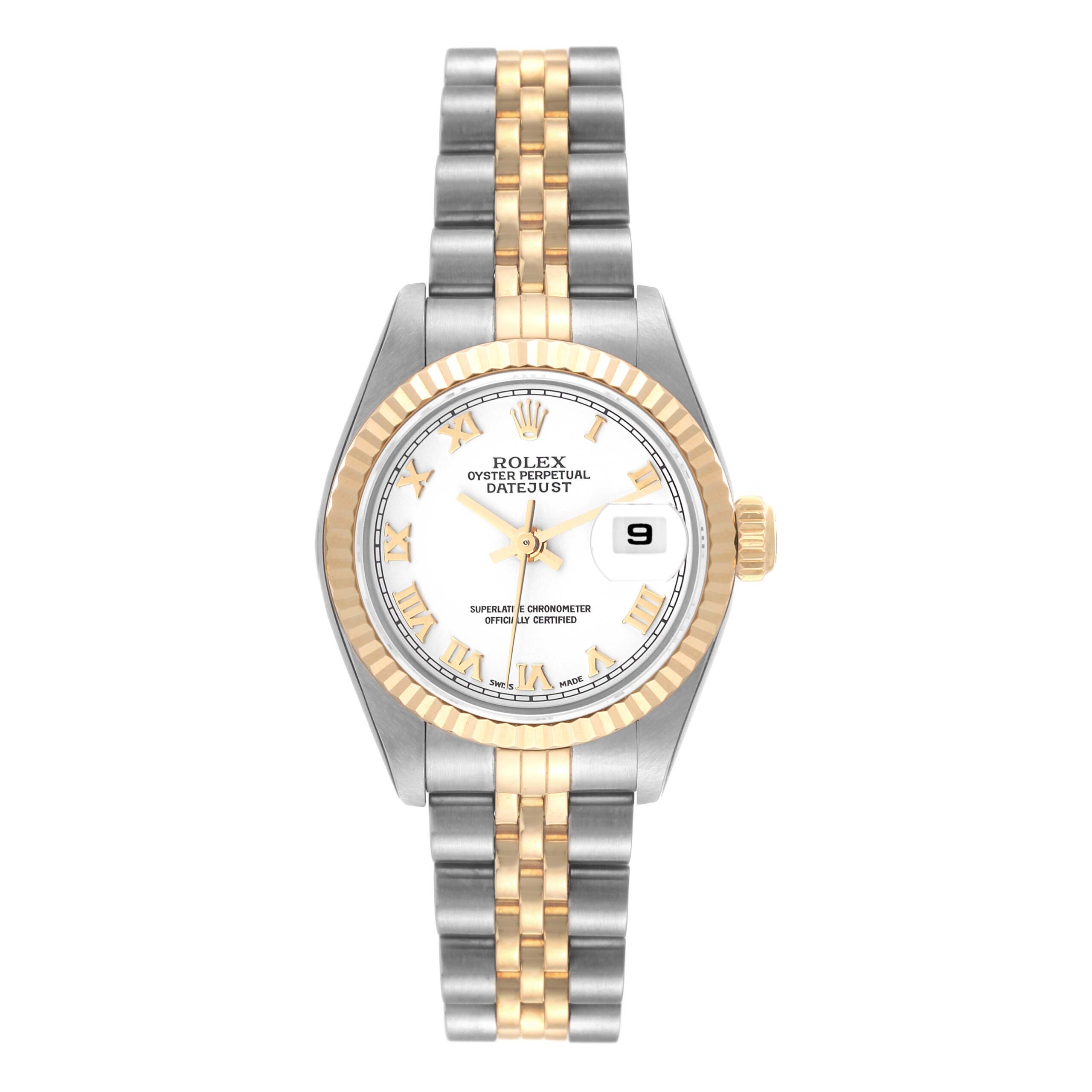 Rolex Datejust Steel Yellow Gold White Roman Dial Ladies Watch 79173 Box Papers