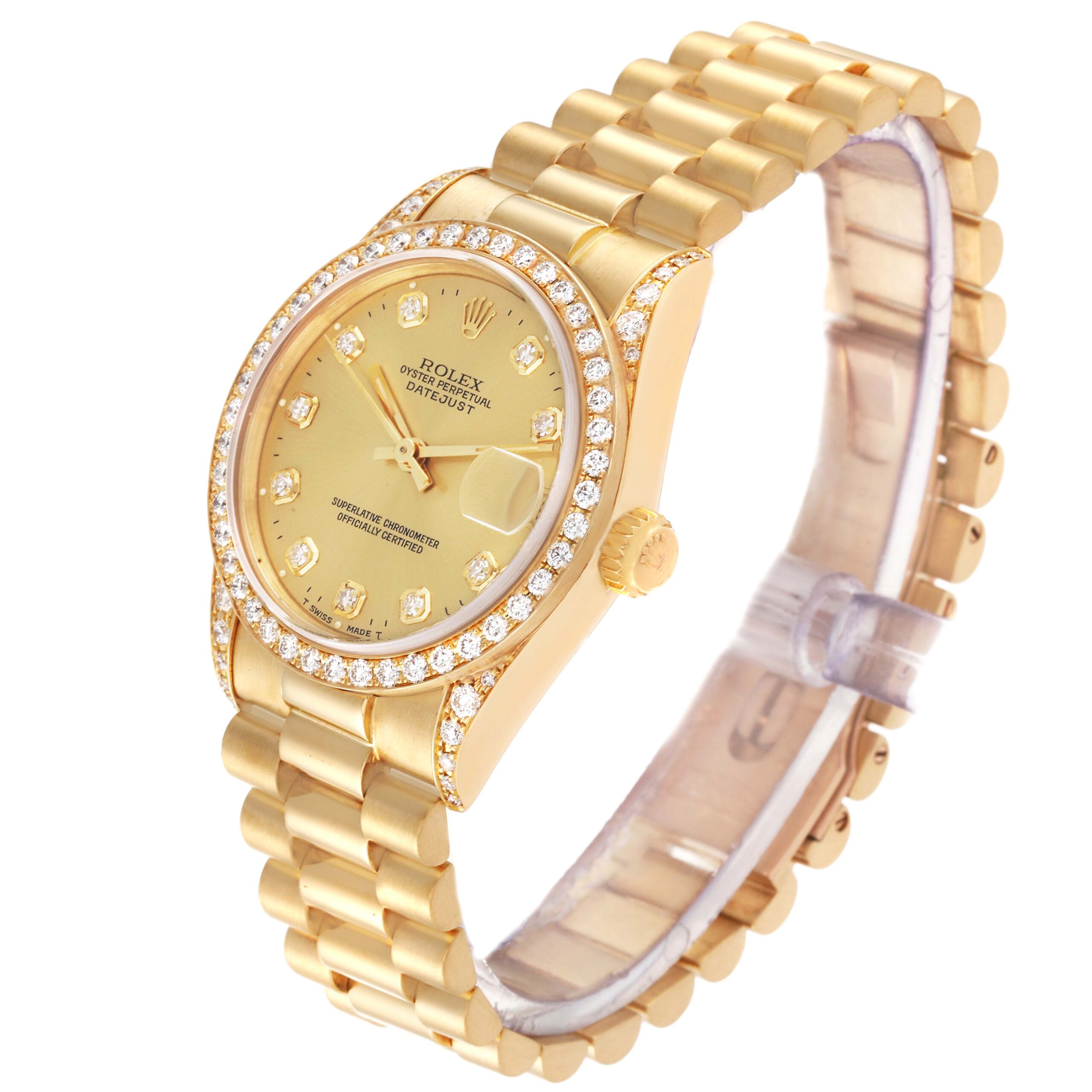 Rolex Datejust President Midsize Yellow Gold Diamond Bezel Ladies Watch 68158