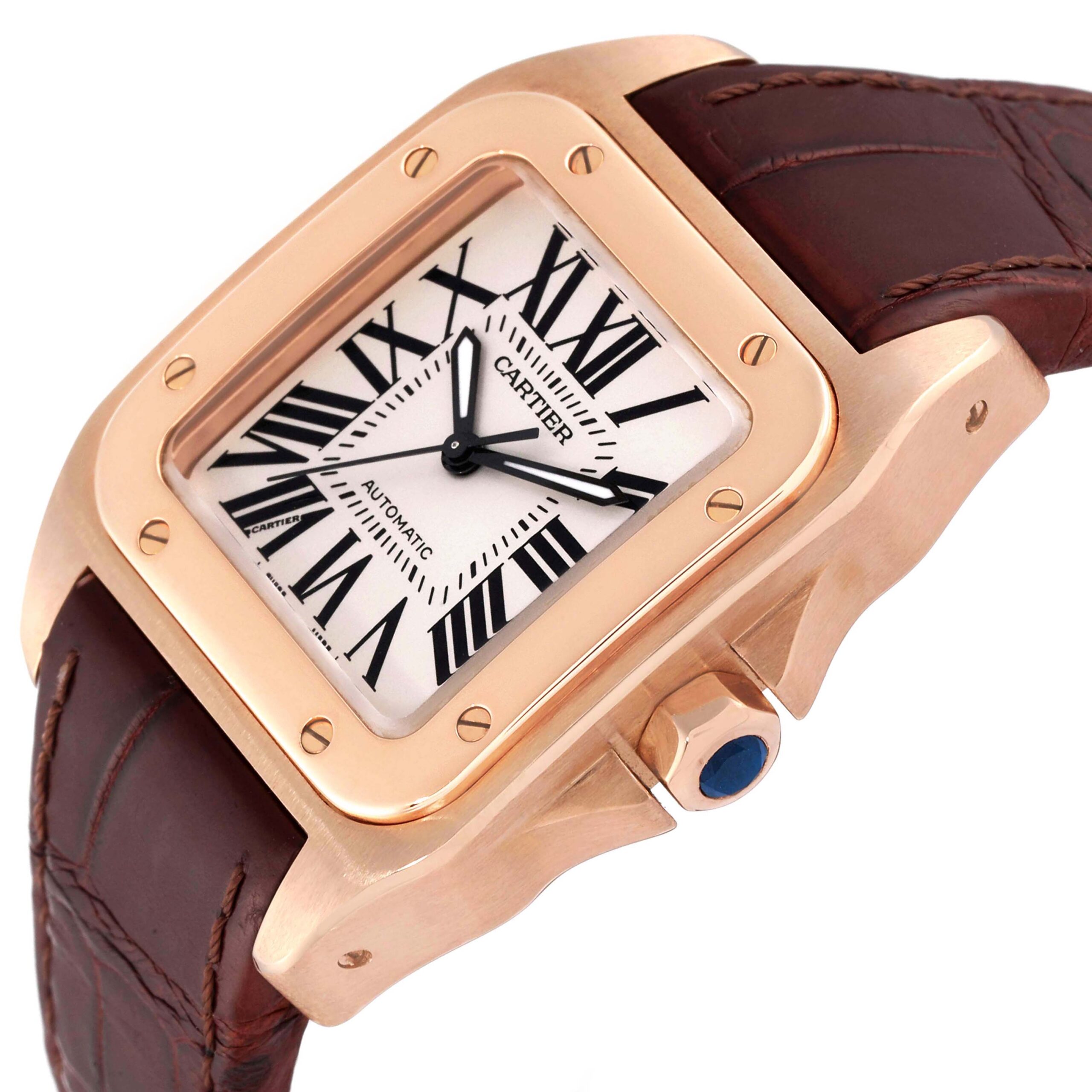 Cartier Santos 100 Midsize Rose Gold Silver Dial Mens Watch W20108Y1