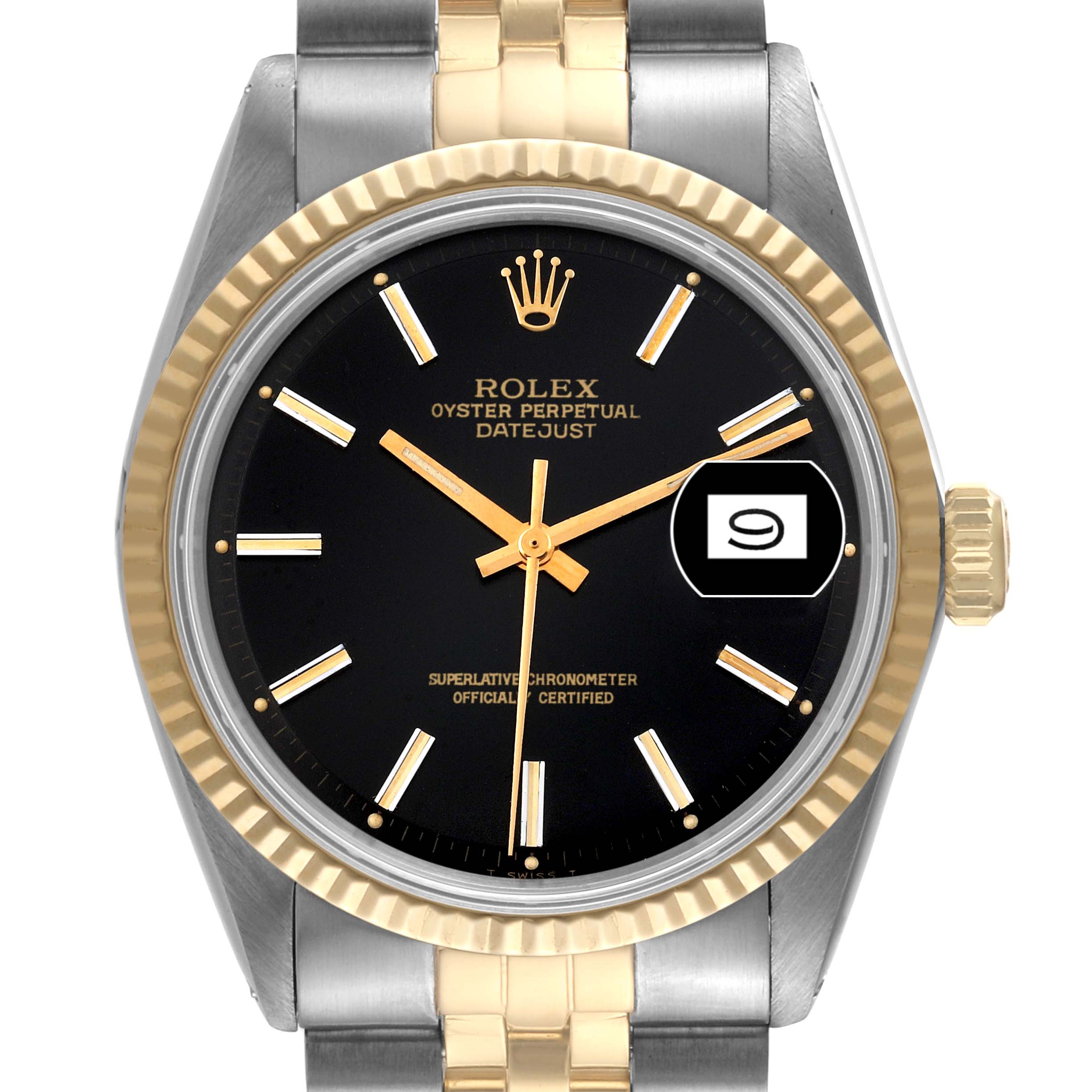 Rolex Datejust Steel Yellow Gold Black Dial Vintage Mens Watch 1601