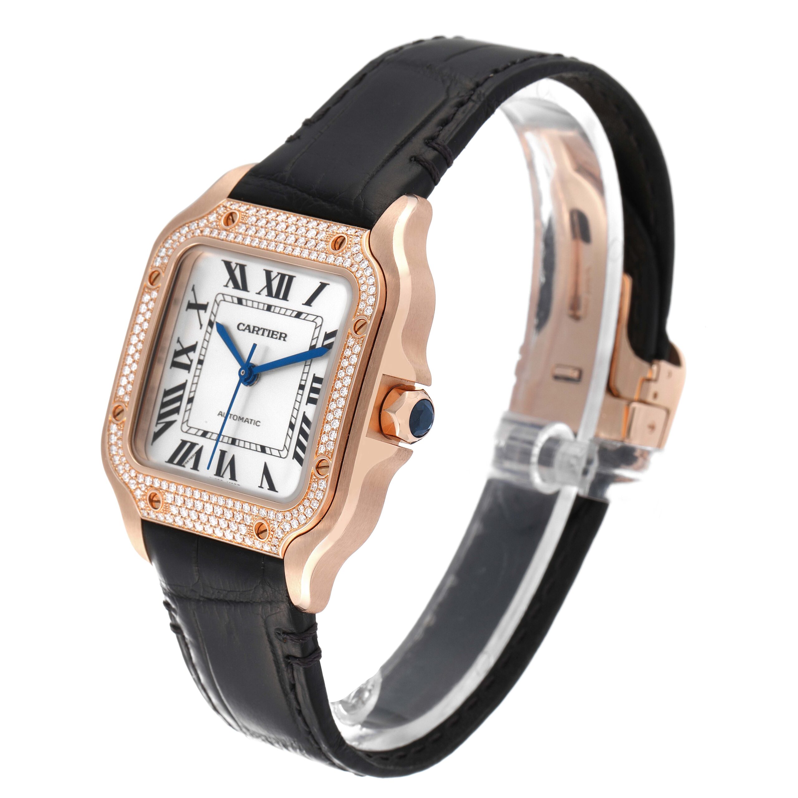 Cartier Santos Midsize Rose Gold Diamond Mens Watch WJSA0007 Box Card
