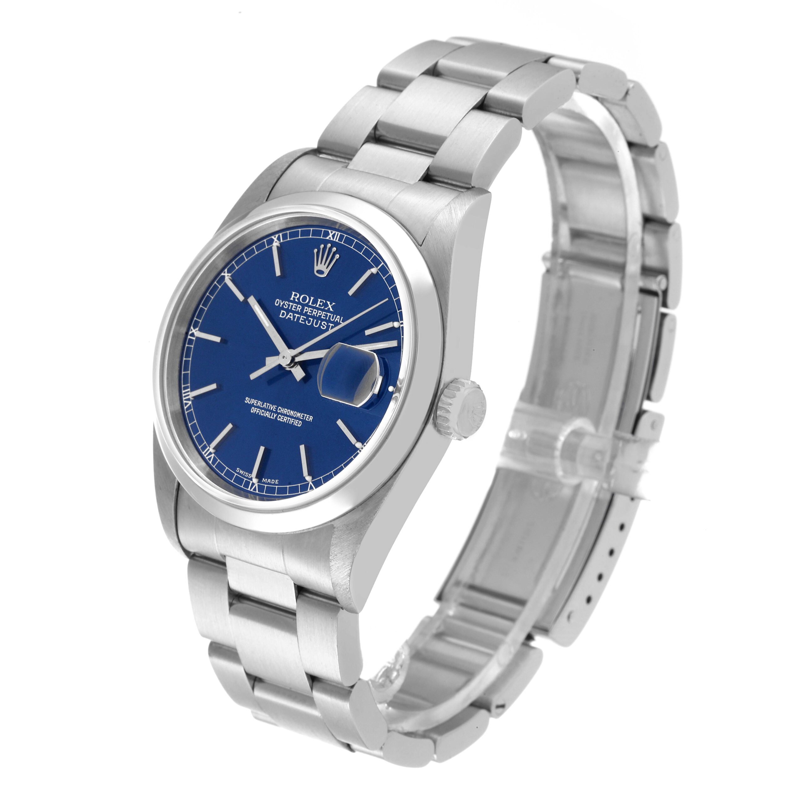 Rolex Datejust Blue Dial Smooth Bezel Steel Mens Watch 16200 Box Papers