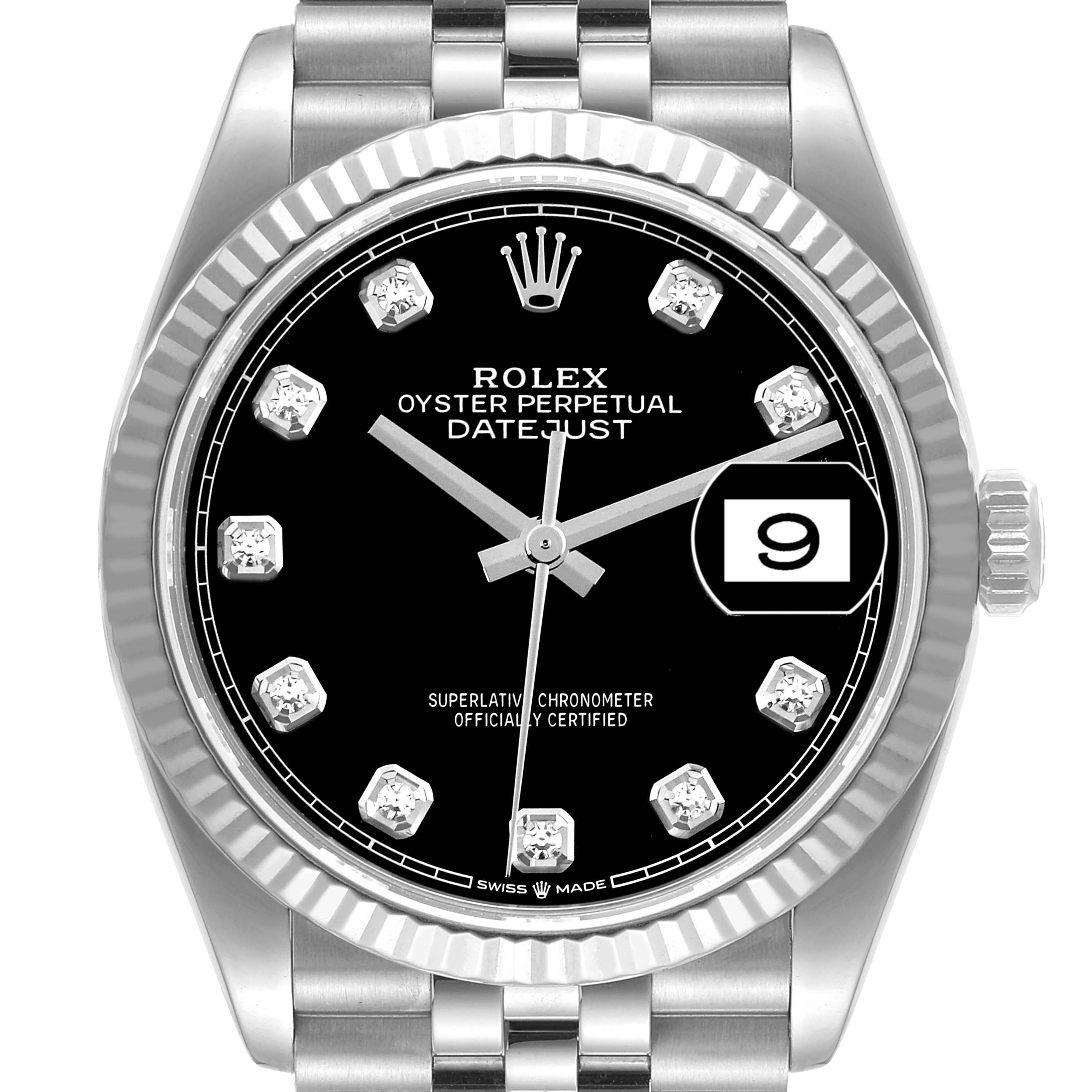 Rolex Datejust Steel White Gold Black Diamond Dial Mens Watch 126234