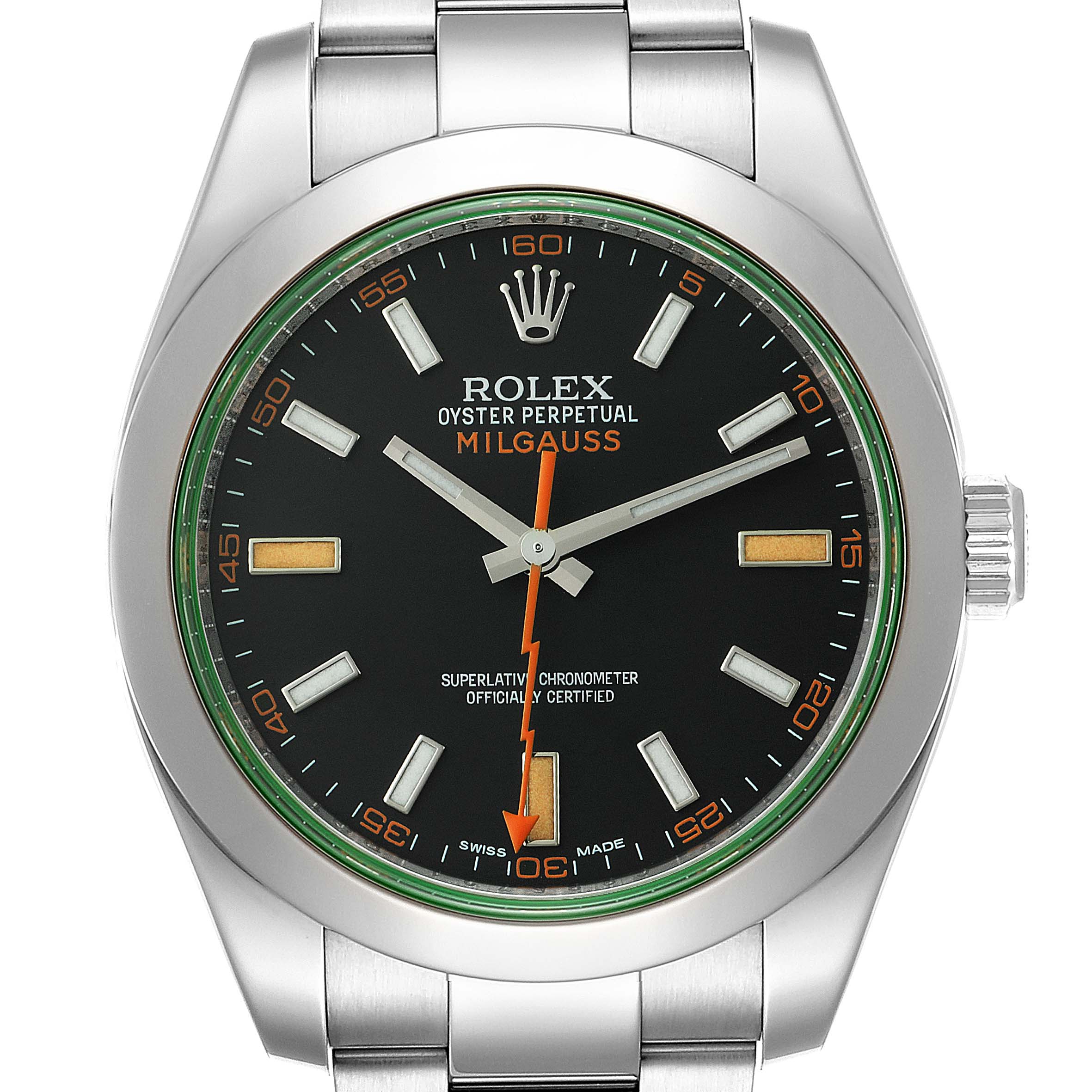 Rolex Milgauss Black Dial Green Crystal Steel Mens Watch 116400V Box Card