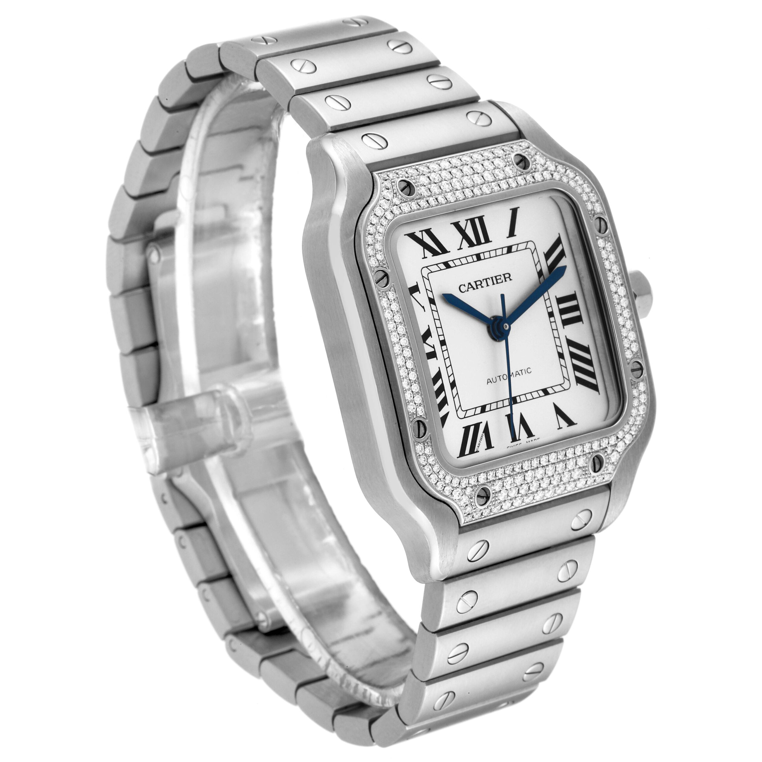 Cartier Santos Silver Dial Medium Steel Diamond Mens Watch W4SA0005