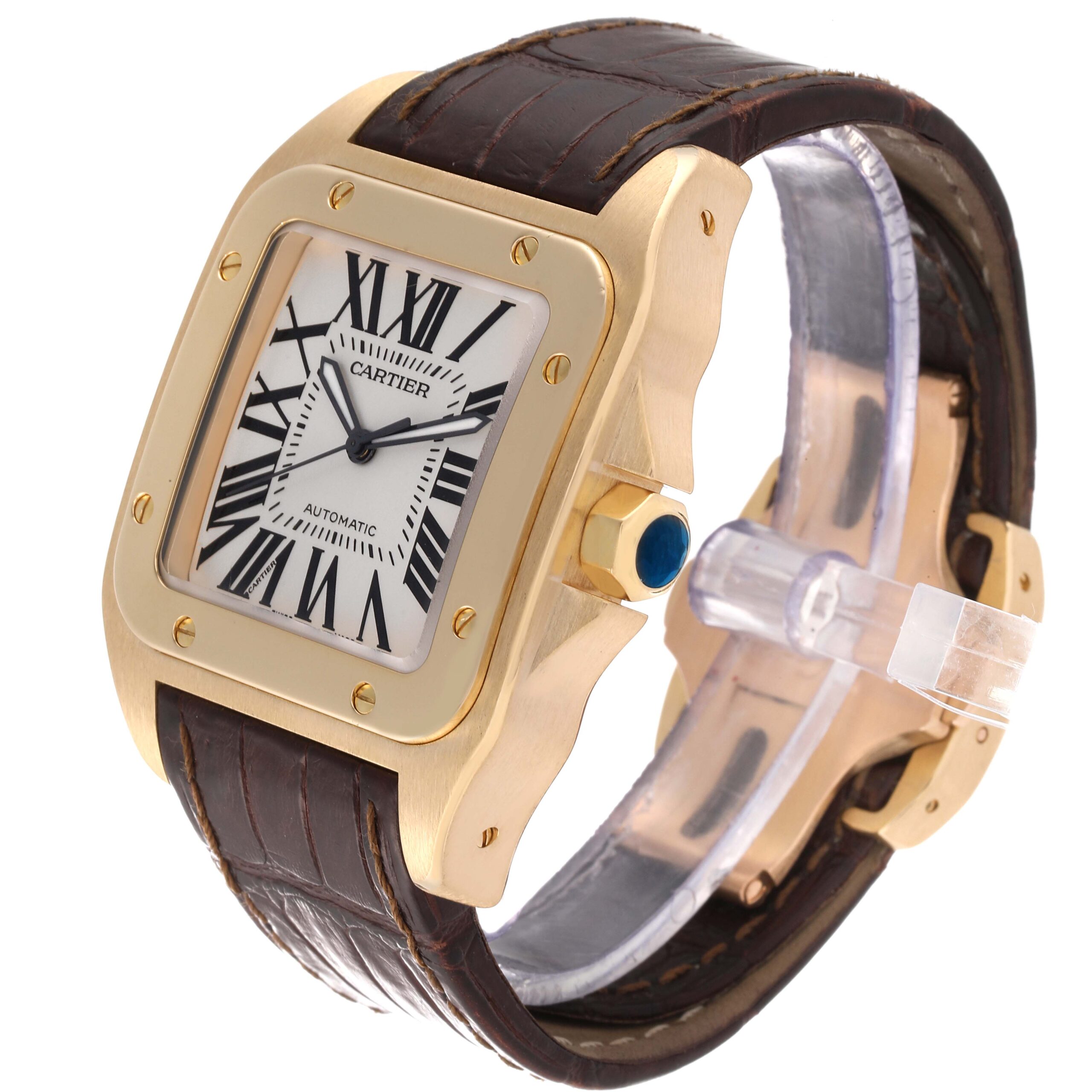 Cartier Santos 100 XL 18K Yellow Gold Brown Strap Mens Watch W20071Y1