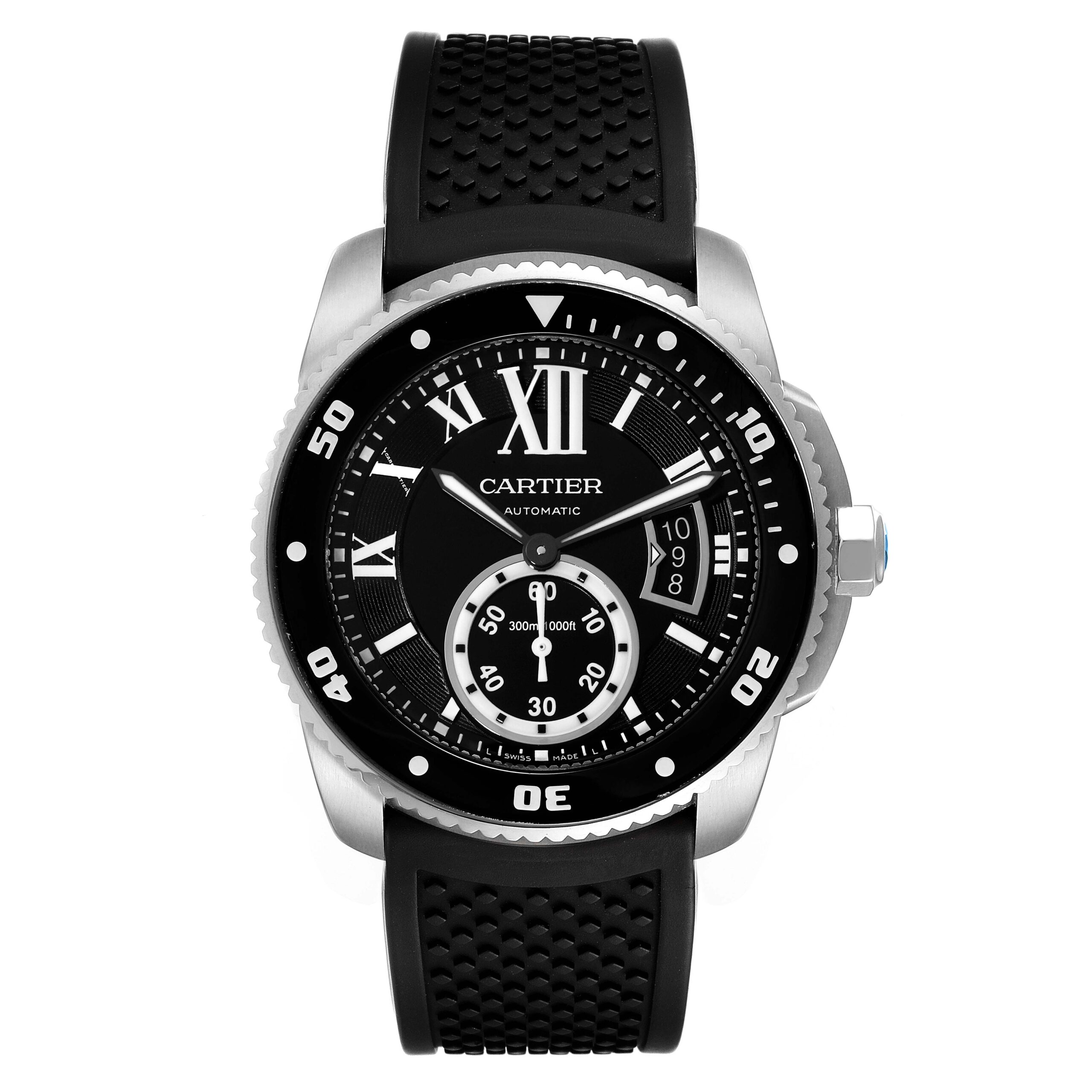 Cartier Calibre Diver Black Dial Rubber Strap Steel Mens Watch W7100056 Papers