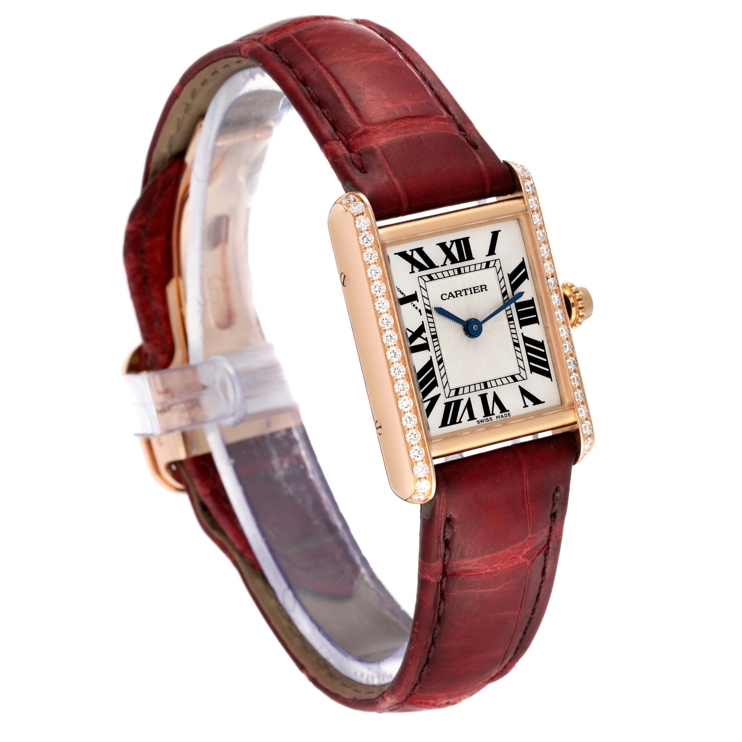 Cartier Tank Louis Rose Gold Diamond Burgundy Strap Ladies Watch WJTA0010 Papers