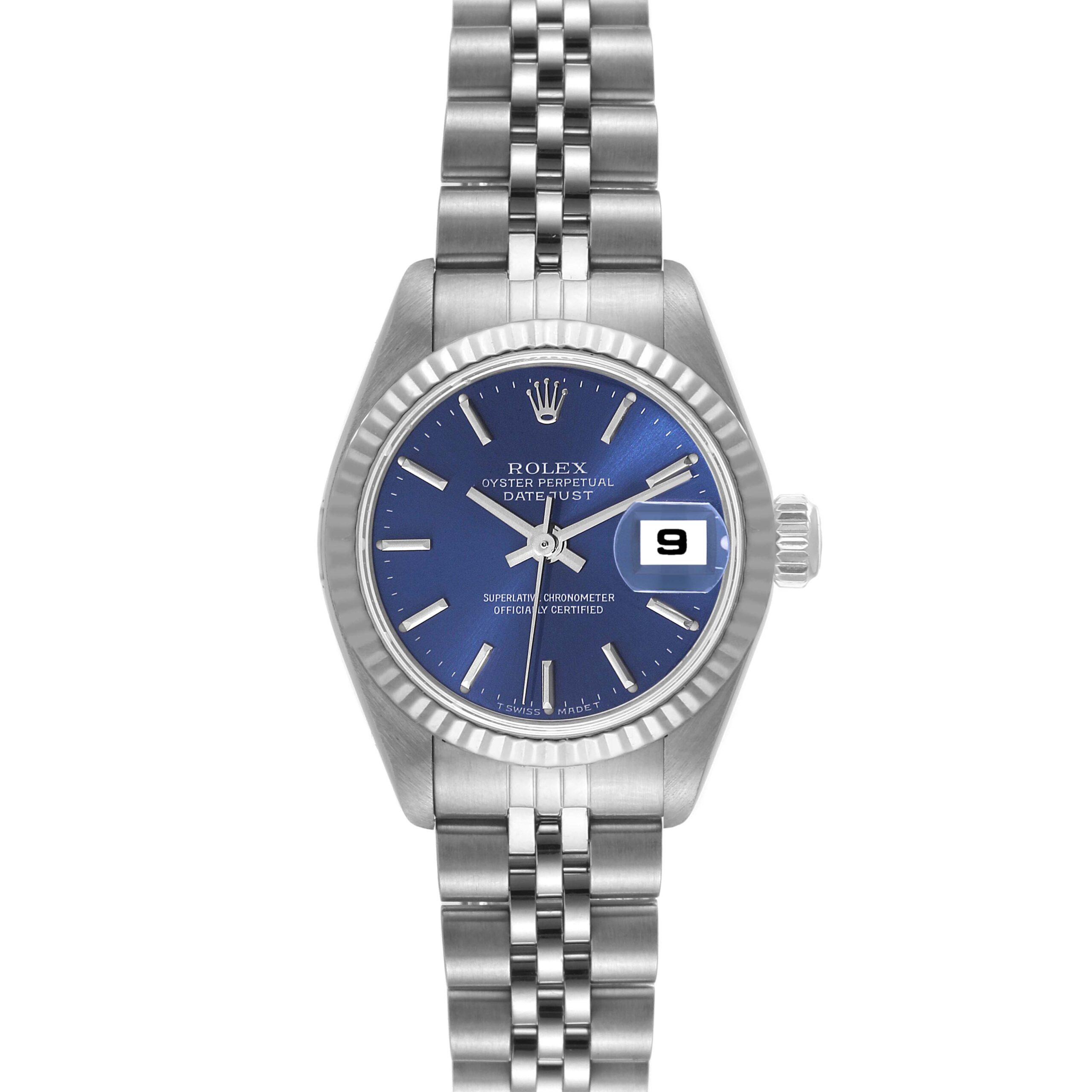 Rolex Datejust Steel White Gold Blue Baton Dial Ladies Watch 69174