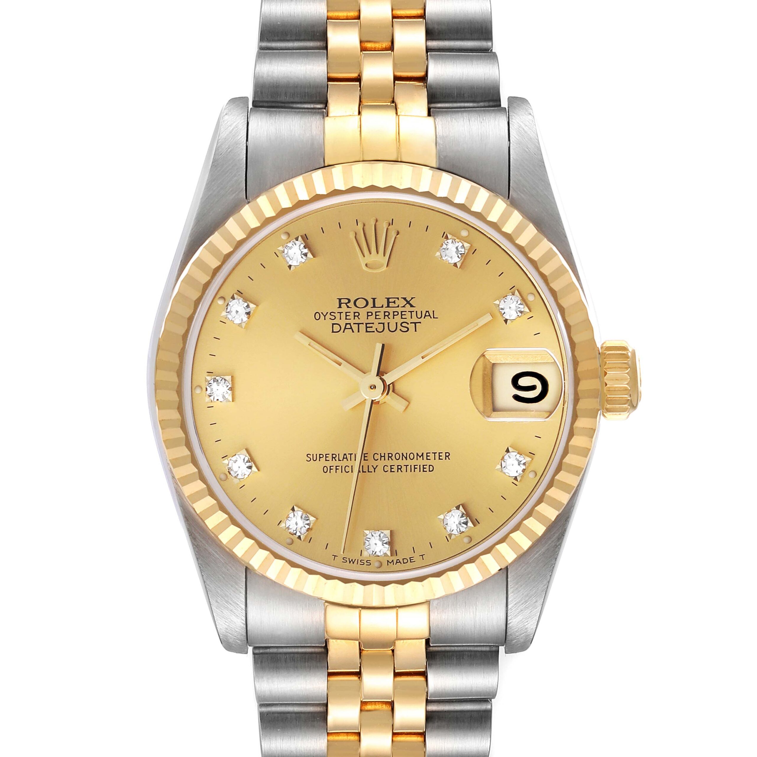 Rolex Datejust Midsize Steel Yellow Gold Diamond Dial Ladies Watch 68273