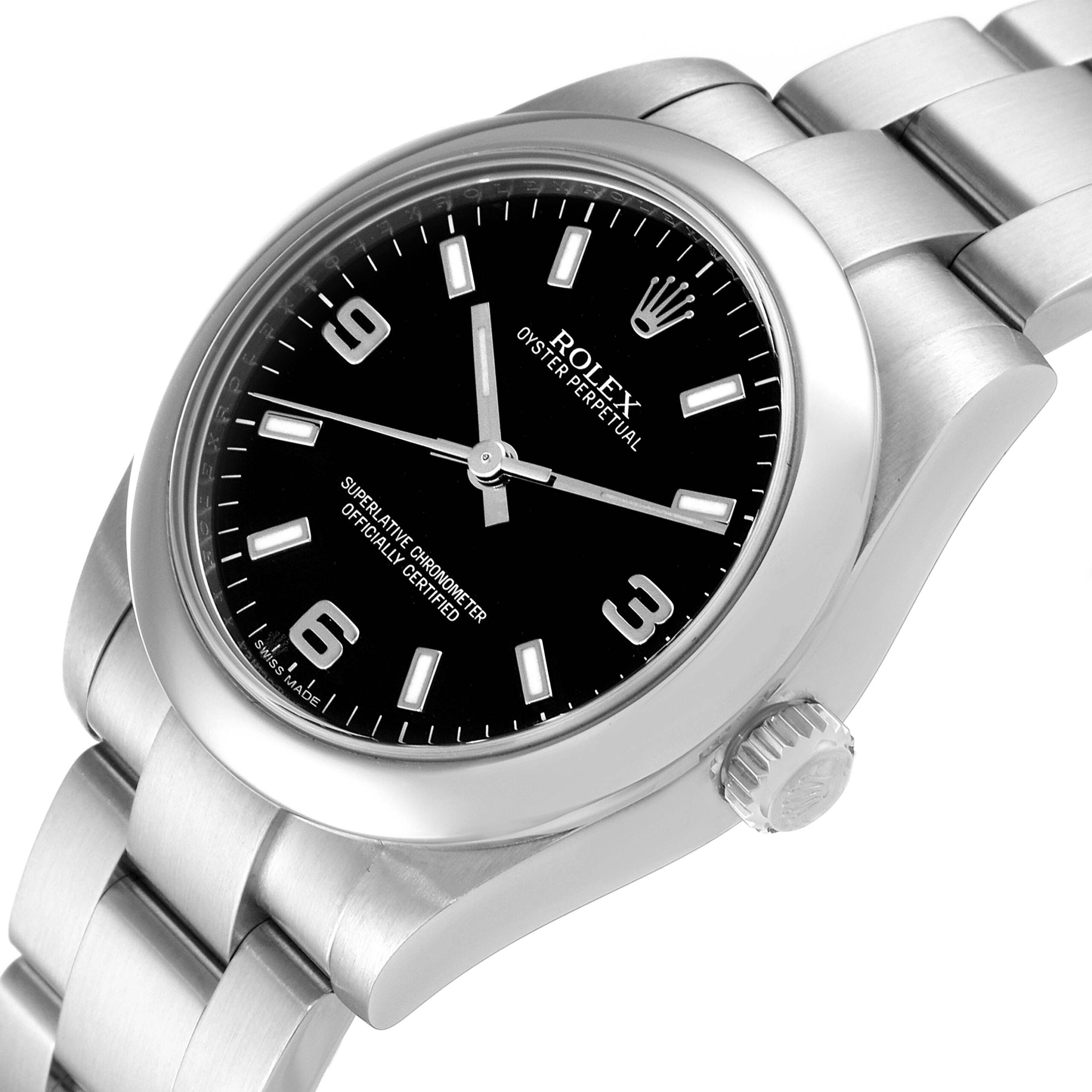 Rolex Midsize Black Dial Domed Bezel Steel Ladies Watch 177200 Box Card