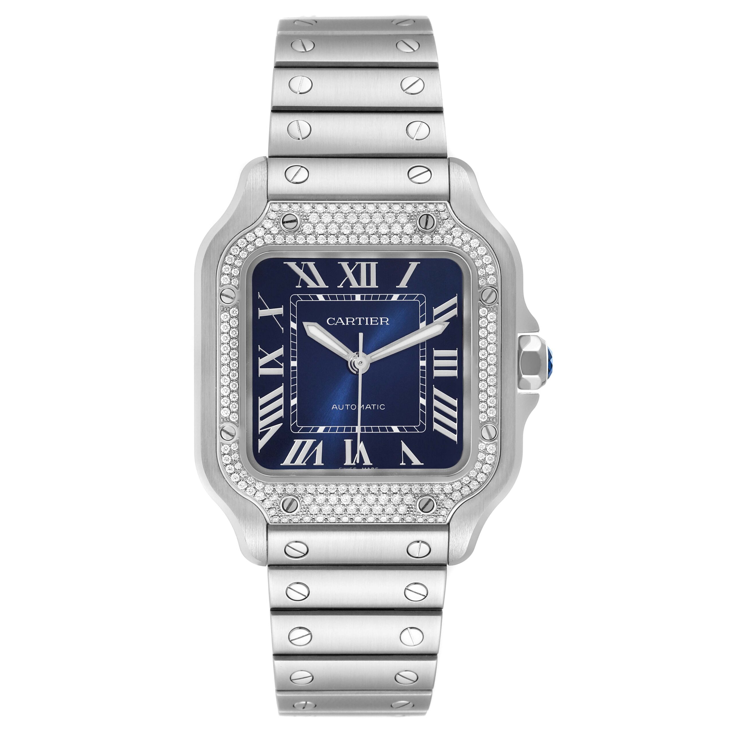 Cartier Santos Stainless Steel Diamond Blue Dial Mens Watch W4SA0006 Unworn