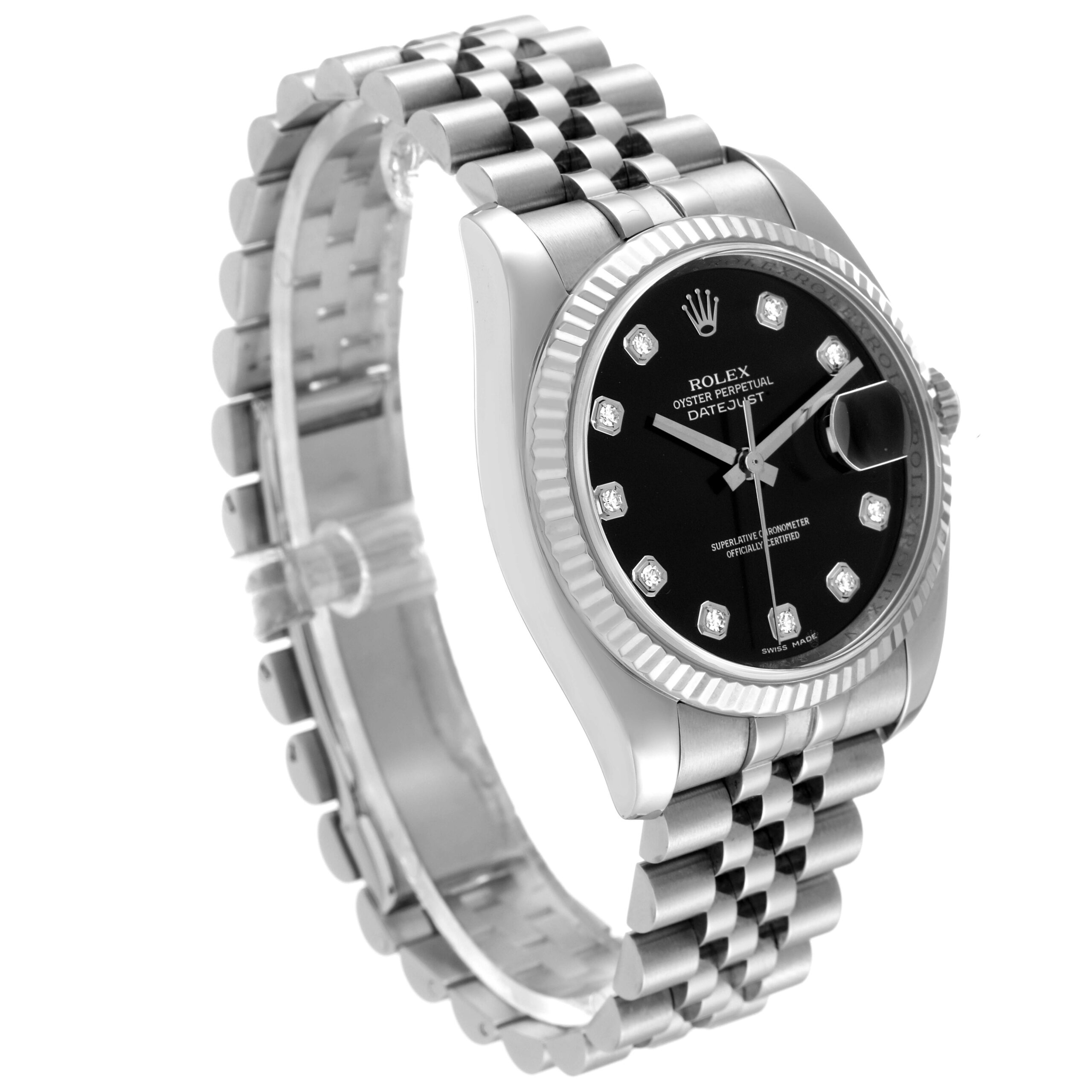 Rolex Datejust Steel White Gold Black Diamond Dial Mens Watch 116234