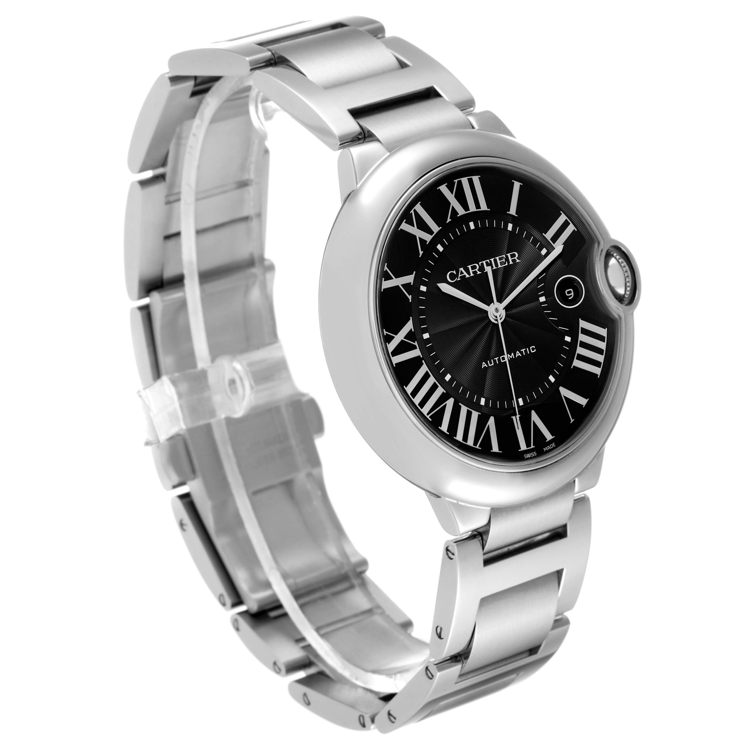 Cartier Ballon Bleu 42mm Black Dial Steel Mens Watch W6920042 Box Papers