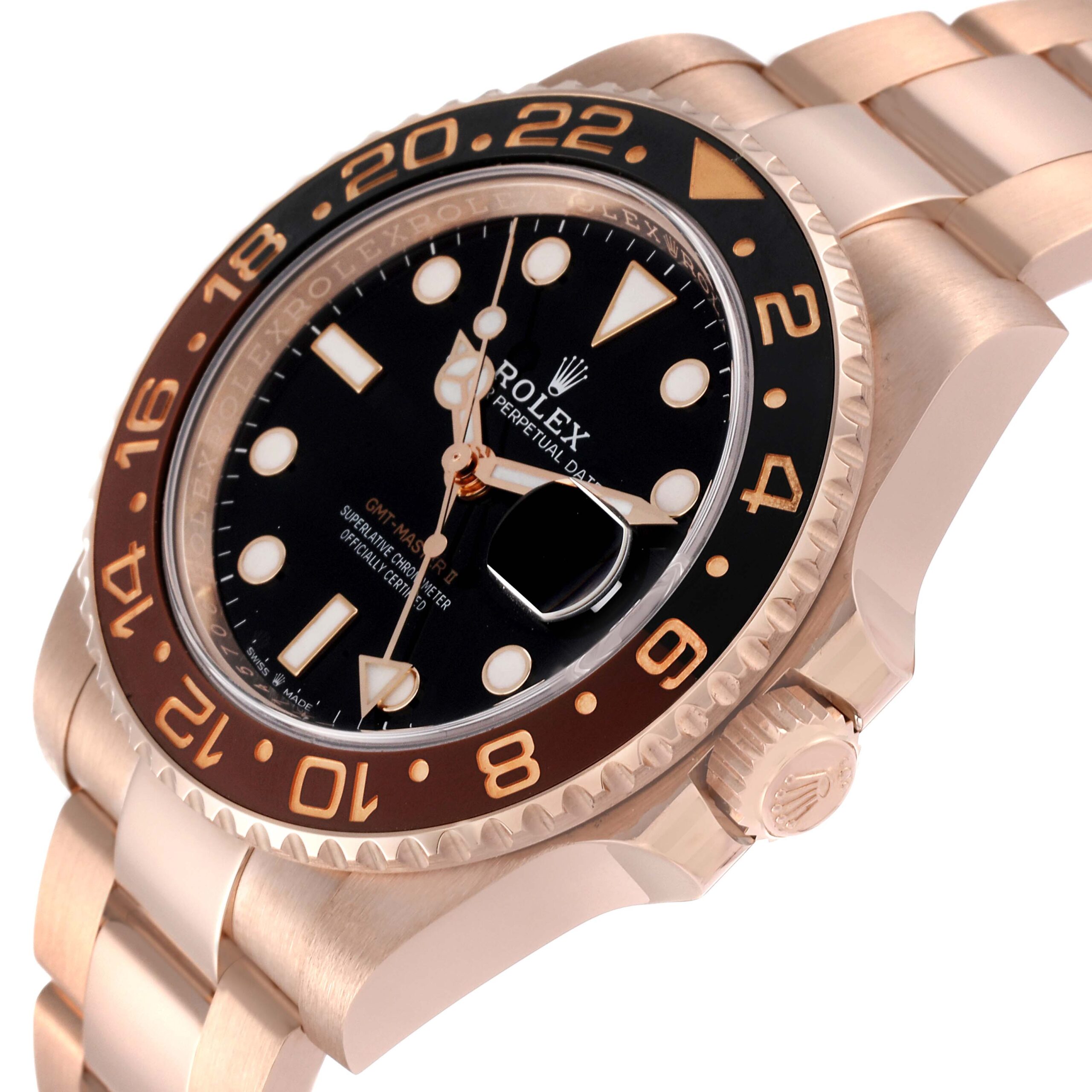 Rolex GMT Master II Black Brown Root Beer Rose Gold Mens Watch 126715 Box Card