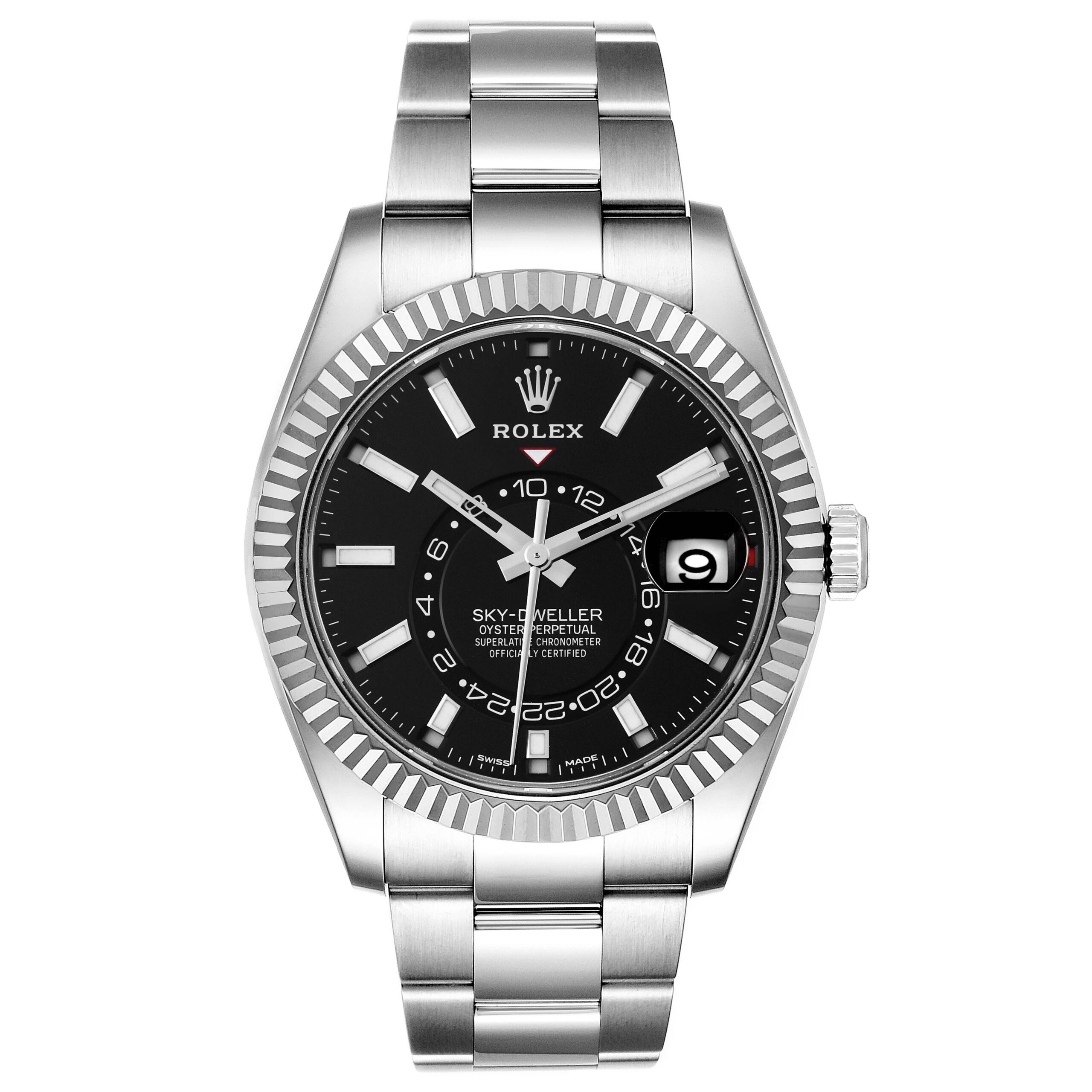 Rolex Sky-Dweller Black Dial Steel White Gold Mens Watch 326934 Box Card