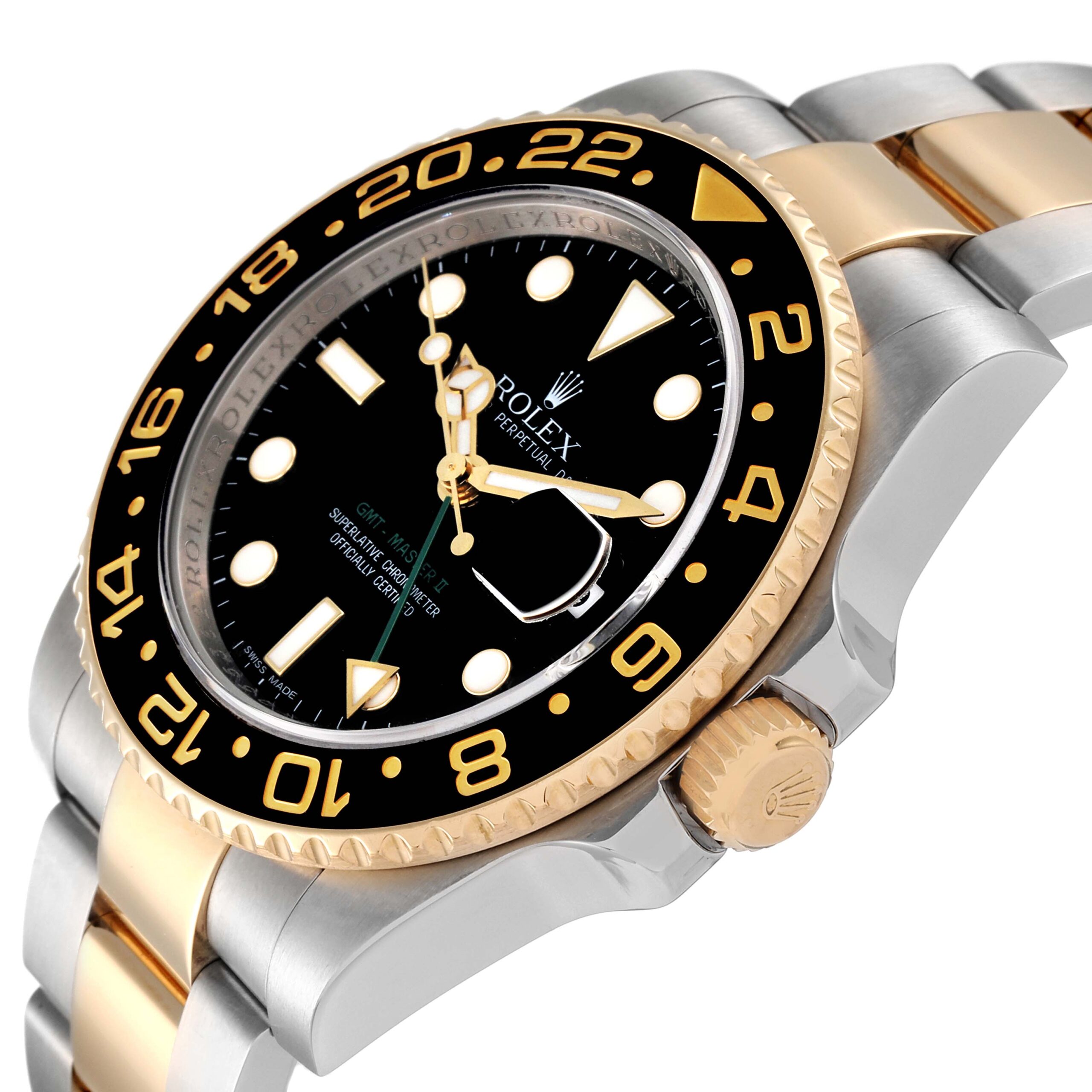 Rolex GMT Master II Yellow Gold Steel Black Dial Mens Watch 116713 Box Card