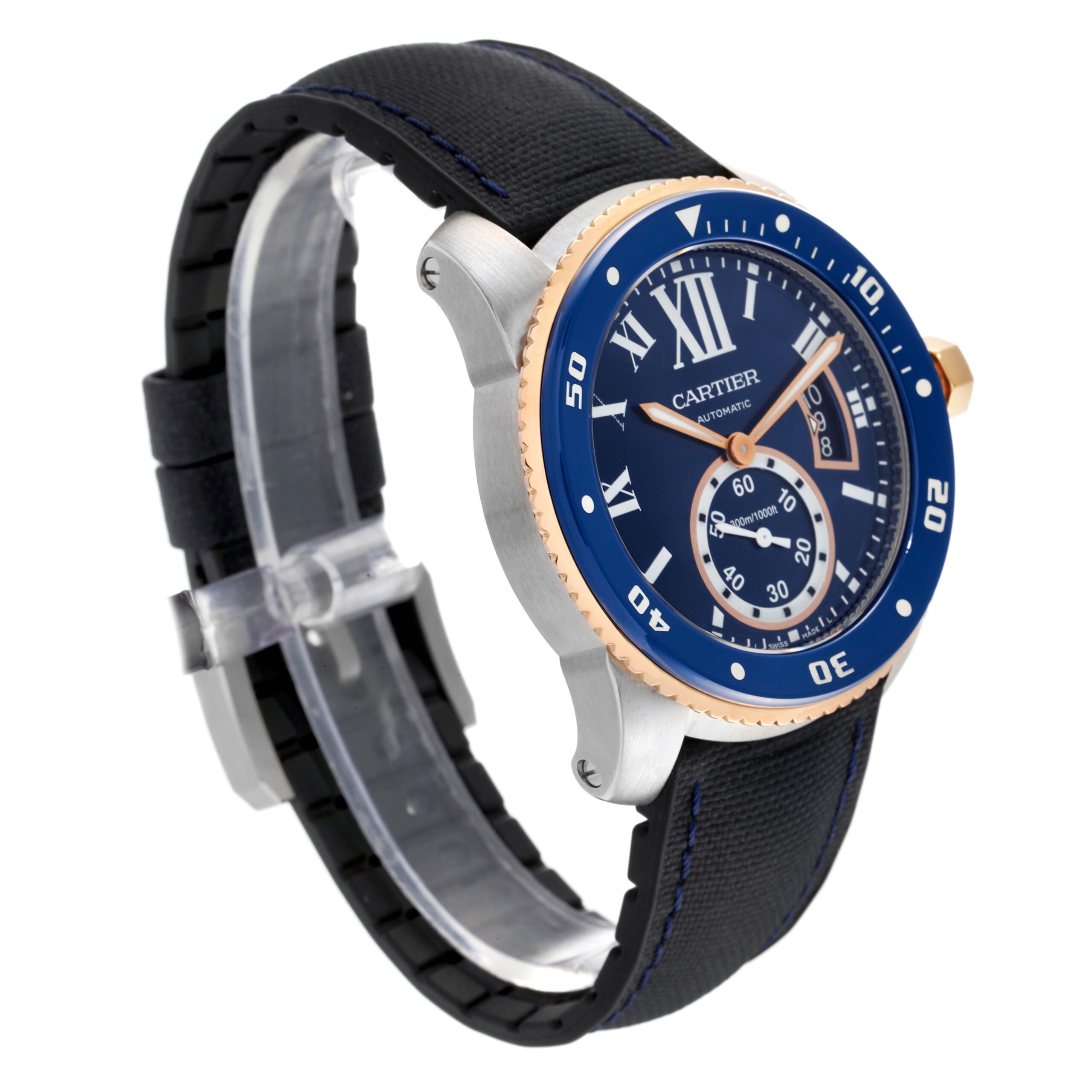 Cartier Calibre Diver Steel Rose Gold Blue Dial Watch W2CA0008 Box Papers