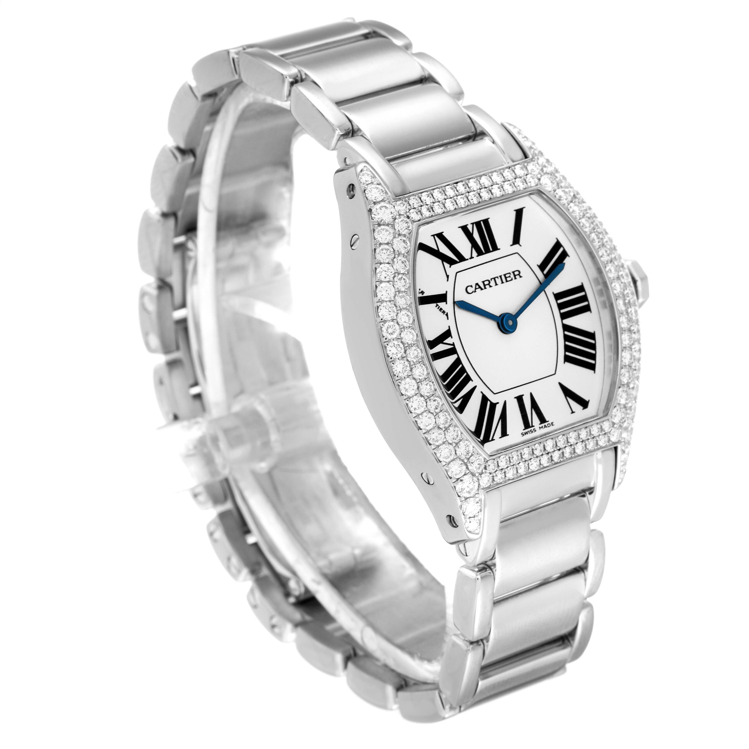 Cartier Tortue Silver Dial 18k White Gold Diamond Ladies Watch WA5072W9