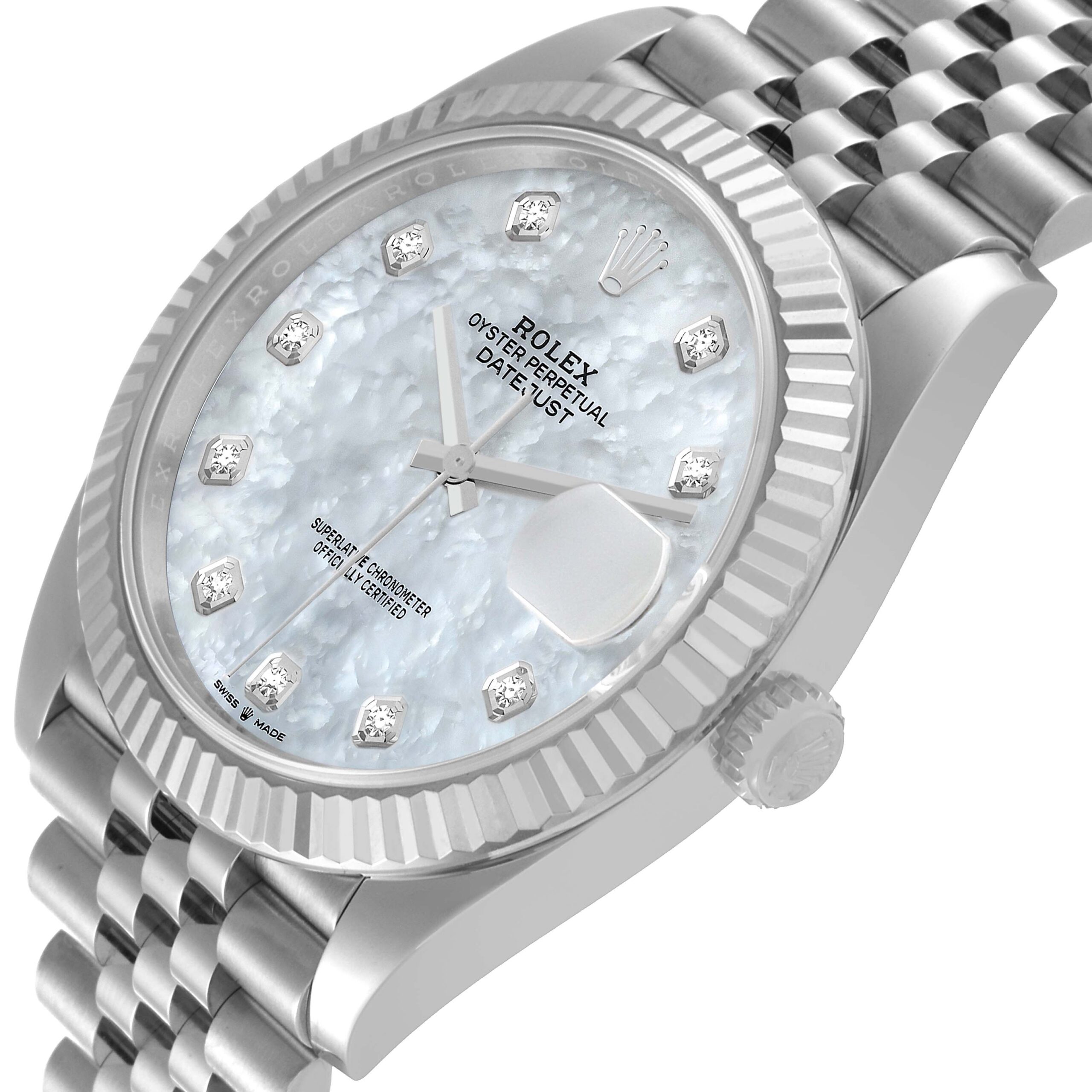 Rolex Datejust 41 Steel White Gold Mother Of Pearl Diamond Dial Mens Watch 126334 Box Card