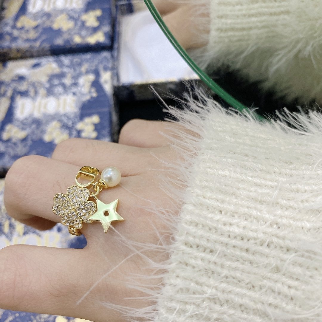 DIOR Luxury Flower Crystal Pearl Ring