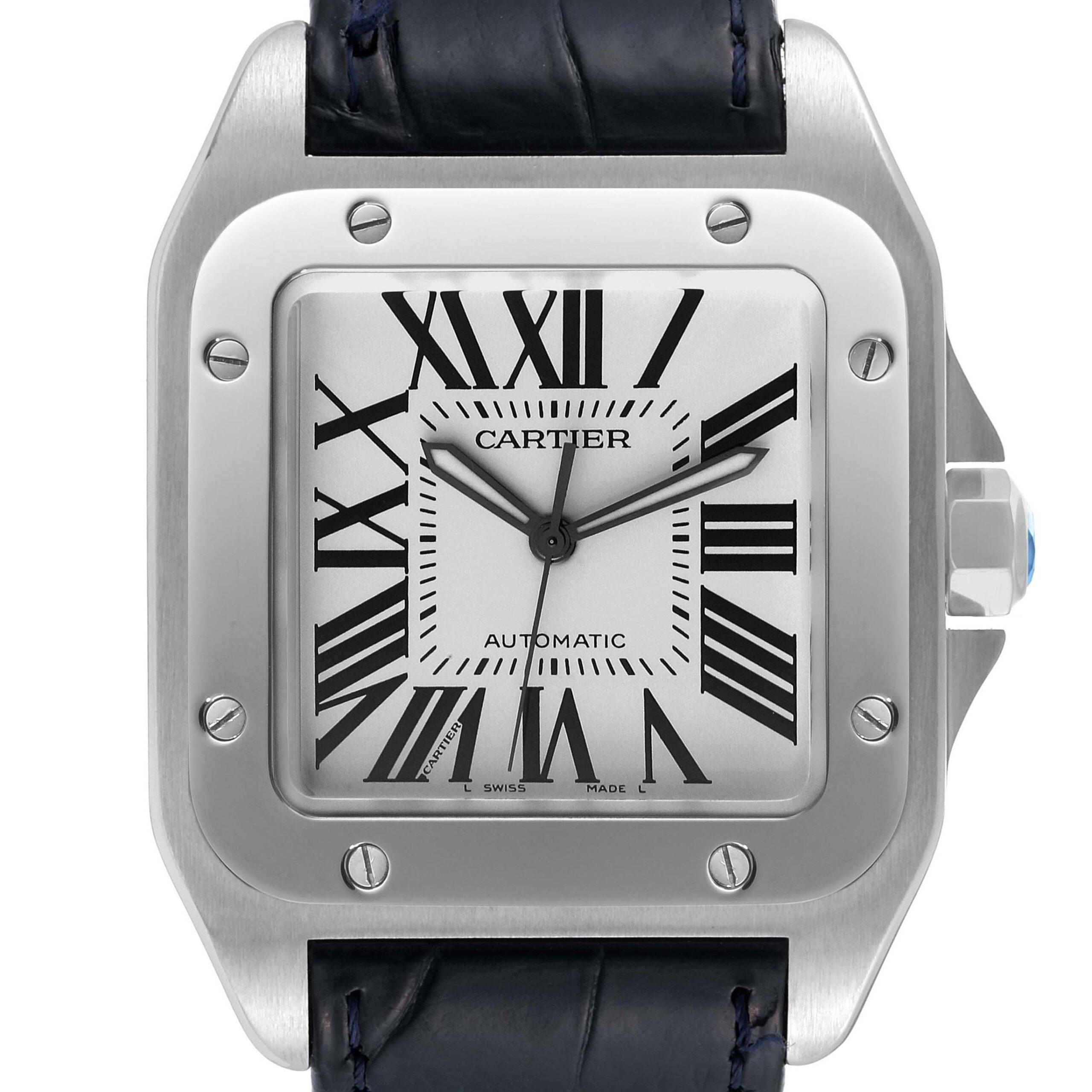 Cartier Santos 100 Silver Dial Black Strap Steel Mens Watch W20073X8