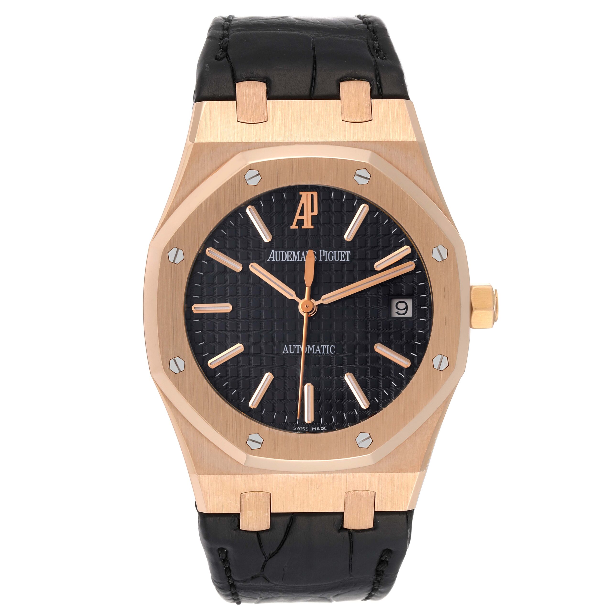 Audemars Piguet Royal Oak 18k Rose Gold Black Dial Watch 15300OR Box Papers
