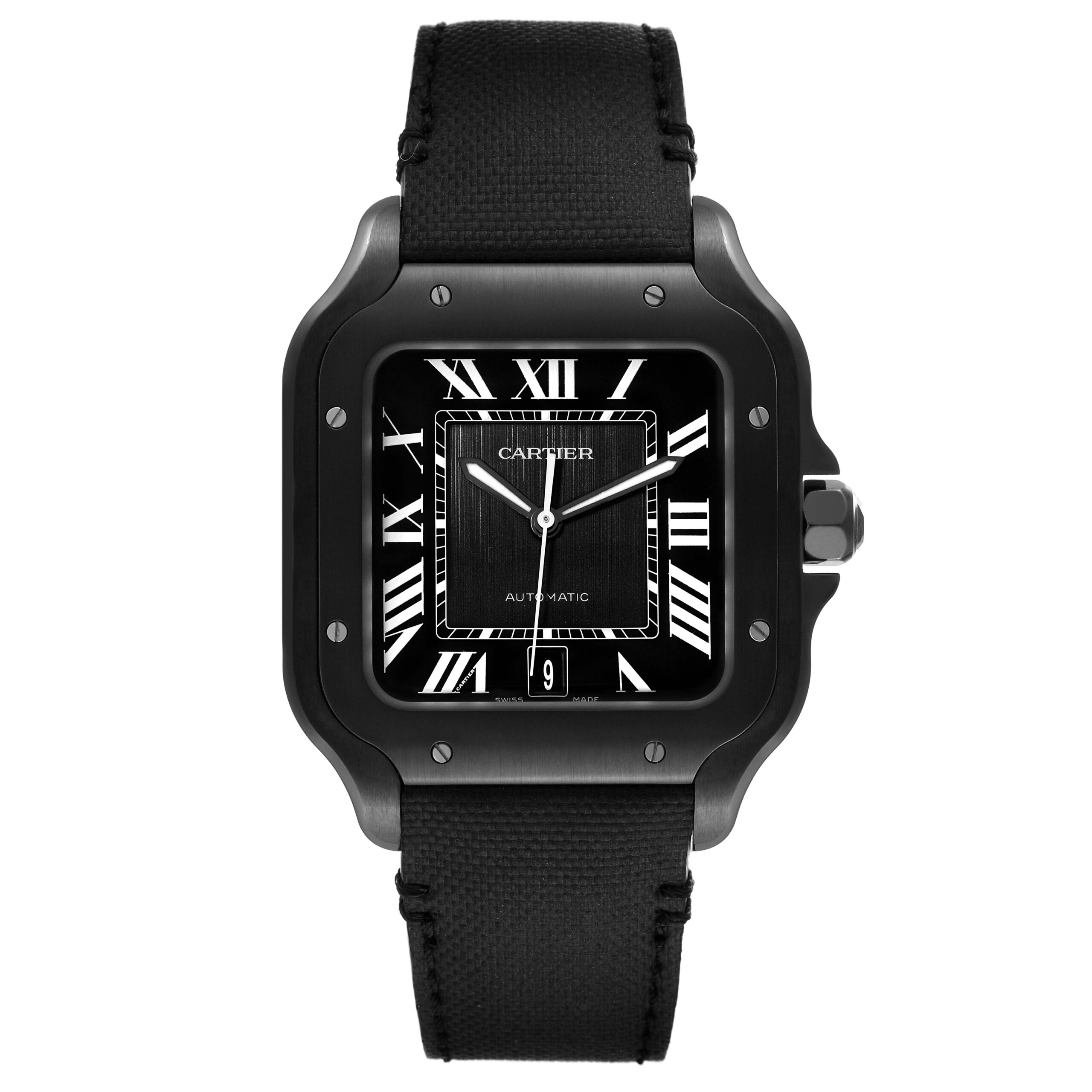 Cartier Santos de Cartier Black Leather Strap Steel Mens Watch WSSA0039 Box Card