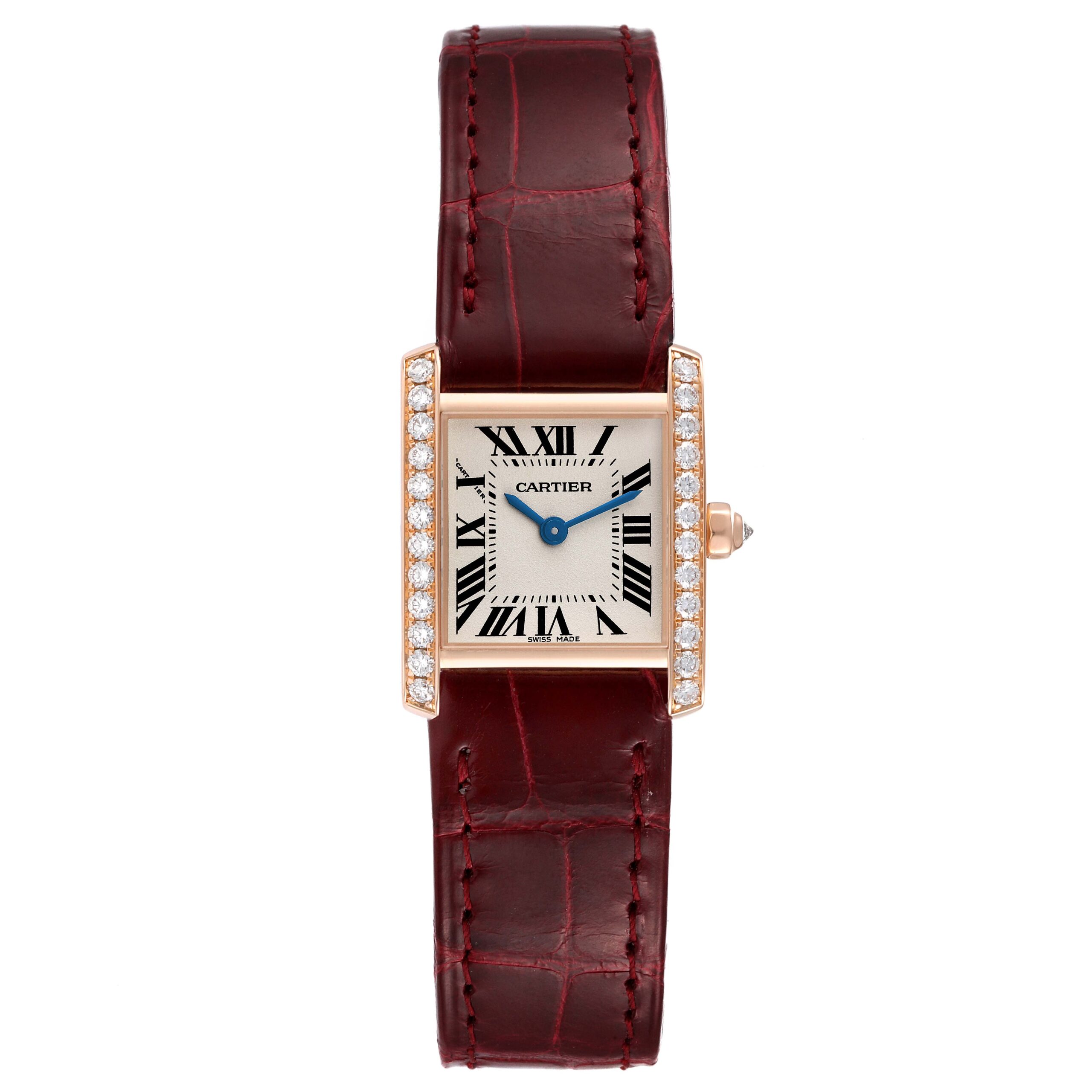 Cartier Tank Francaise Rose Gold Diamond Burgundy Strap Ladies Watch WE104531