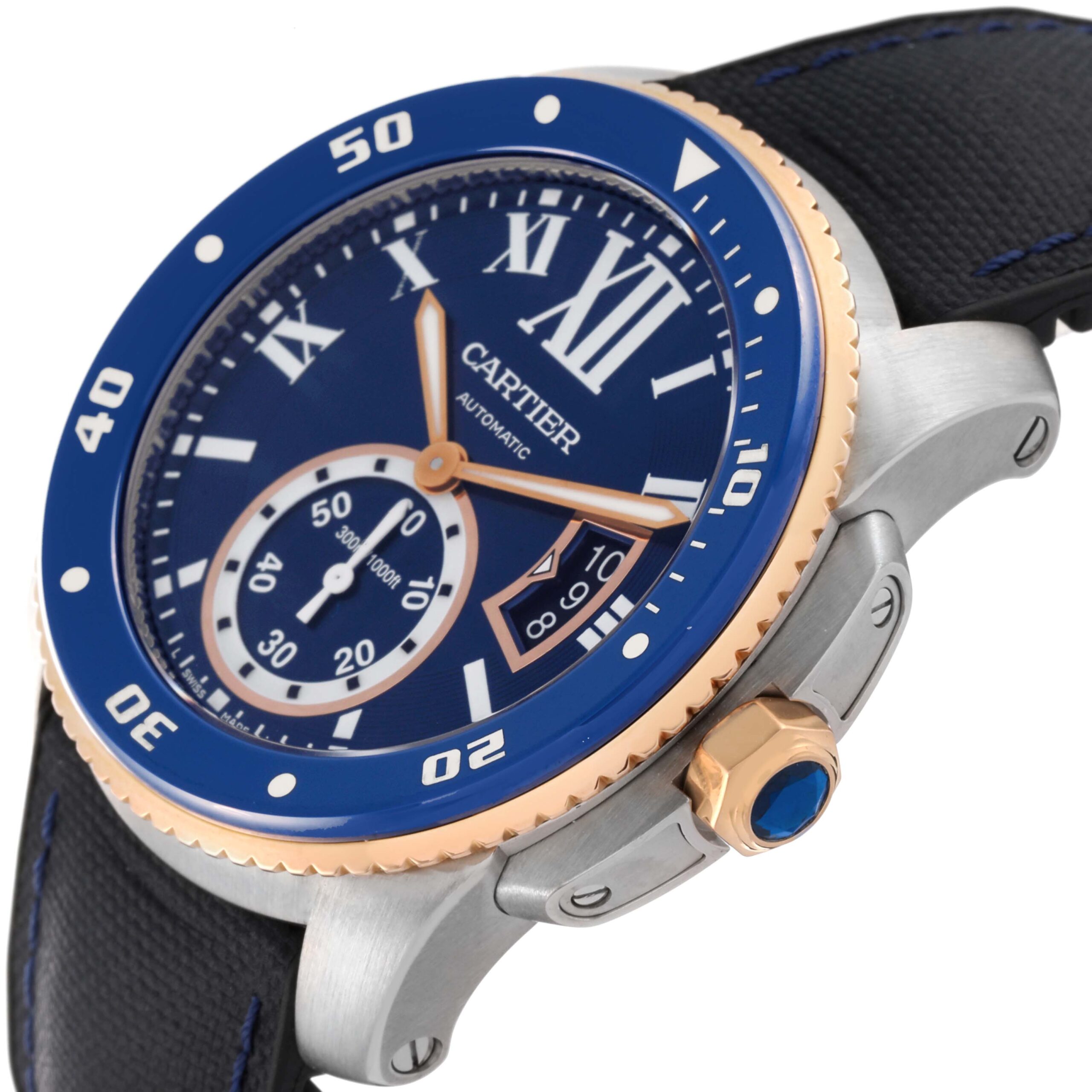 Cartier Calibre Diver Steel Rose Gold Blue Dial Watch W2CA0008 Box Papers