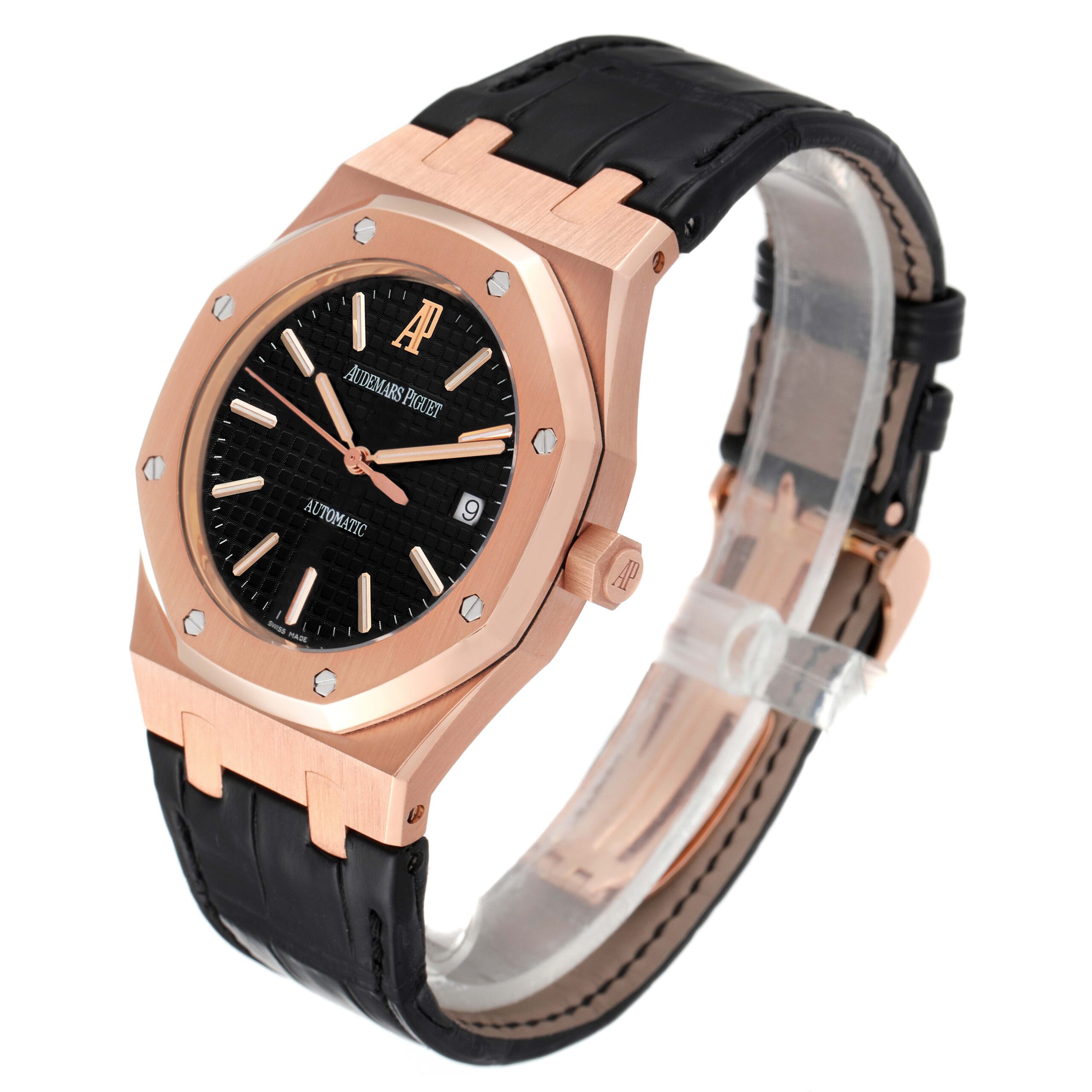 Audemars Piguet Royal Oak 18k Rose Gold Black Dial Watch 15300OR Box Papers