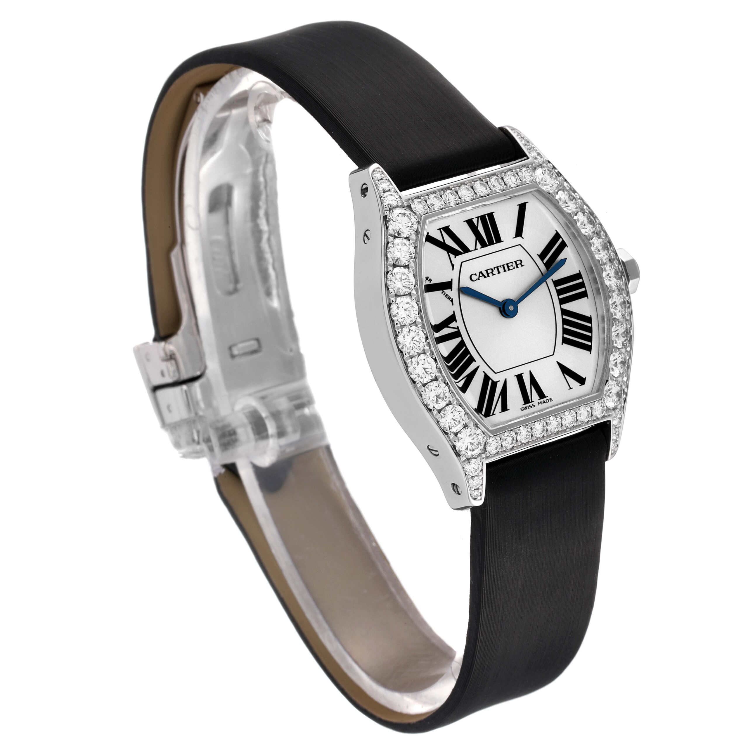Cartier Tortue 18k White Gold Diamond Black Strap Ladies Watch WA507231