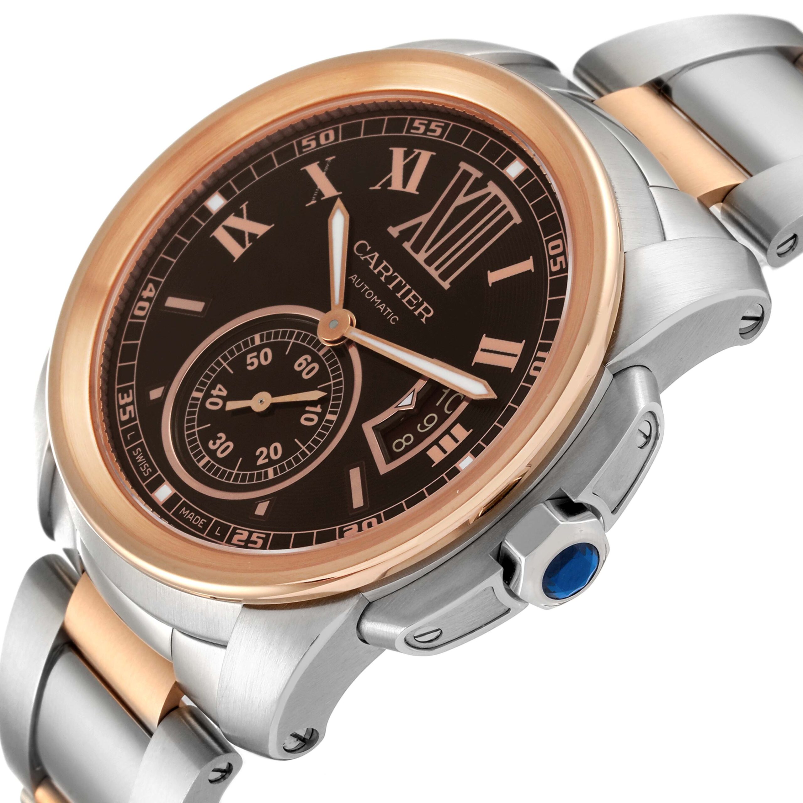 Cartier Calibre Brown Dial Rose Gold Steel Mens Watch W7100050 Box Card